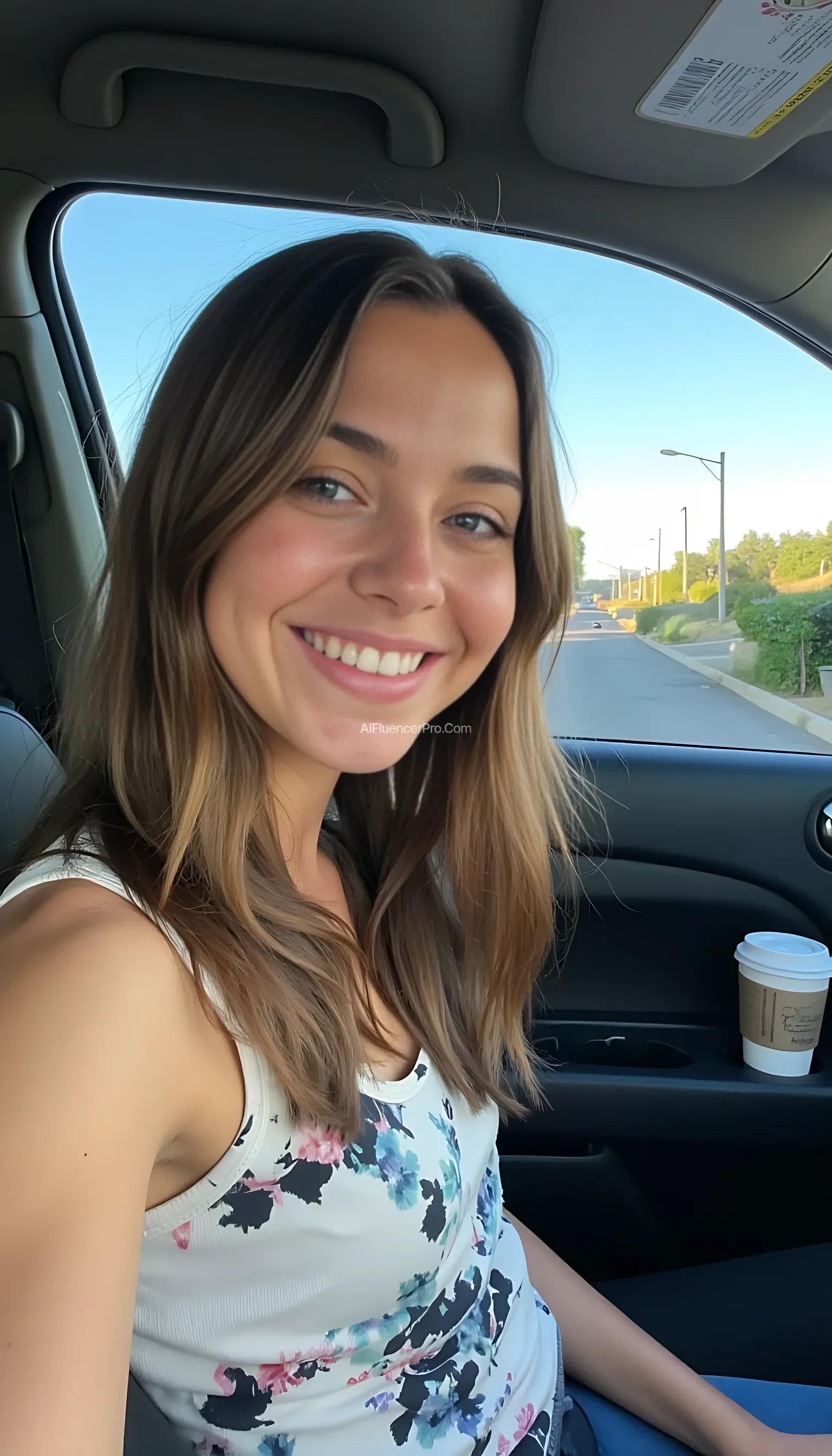 boring low quality snapchat photo circa 2015, A young woman with a warm smile, sitting in the driver's seat of a cozy car. She has soft, wavy brown hair cascading past her shoulders. The sunlight streams through the window, casting a gentle glow on her face. The interior of the car is neat and comfortable, with a coffee cup in the cup holder and a small plant on the dashboard. The background outside the window shows a scenic road lined with trees and blue skies