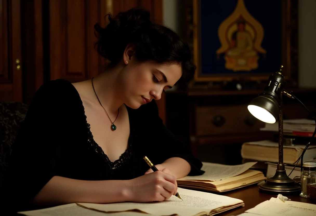 photo of woman CSTMDL, brunette, small pendant, hair tied, blue eyes, black night dress, working late night at her desk. The room is dark, the only light is a small art nouveau desk lamp.
She’s surrounded by a lot of old books and sheets of paper she worked on. She’s currently writing on a sheet with a beautiful vintage fountain pen.
She’s surrounded by her works in a beautiful art nouveau room with a Khmer piece of art in the background