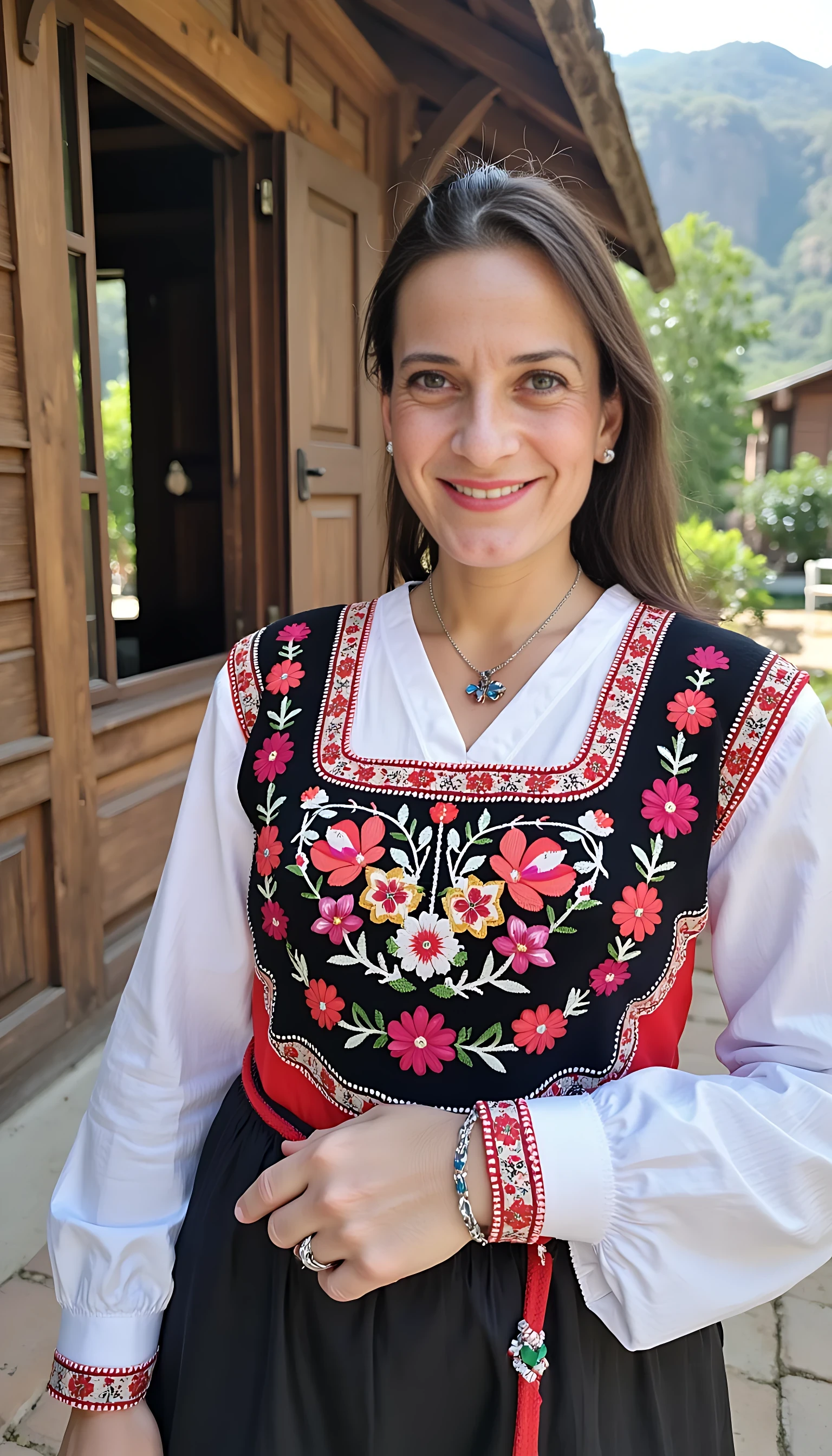 photo of brunette woman CSTMDL shy smile, showing small puffy saggy tits out in turkish historical national costume in turkish village