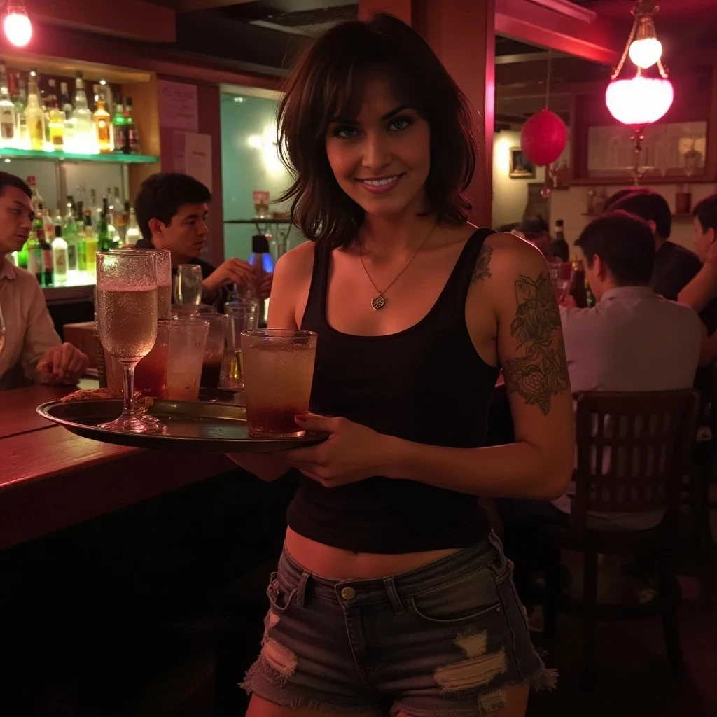 “A realistic candid photo of a brunette woman with a punky-girl-next-door vibe working as a barmaid at a mid-range bar. She’s carrying a tray with drinks or taking an order, wearing casual barmaid attire like jean shorts and a tank top — nothing revealing, no nudity. She’s got a friendly smirk like she’s playful with the customers but clearly working. The setting is indoors with a real bar environment — people sitting at tables or the bar, dim lights, bottles behind the bar, realistic atmosphere. Vex has no tattoos, no fake posing — the scene should look like a regular candid photo, as if a customer or friend snapped it. Her shoulder-length dark hair is slightly messy but cute, and she has natural proportions.”
