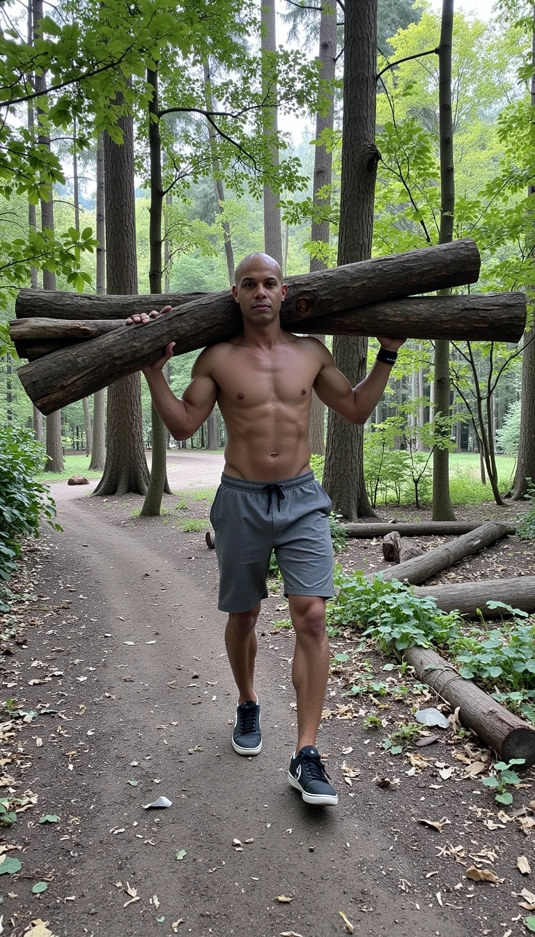 A full body photo of a muscular man. 6 feet tall. No shirt. Walking in a forest carrying a heavy log. He’s wearing sneakers and surfer shorts, cstmdl, bald, Aaron’s exact face