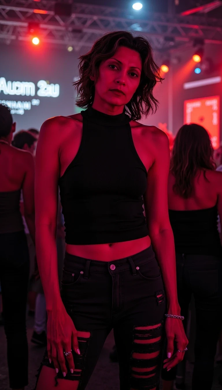 photo of woman CSTMDL, model at techno party in berghain night club in berlin. at night. the woman model wears a black high neck tanktop. and ripped black jeans.