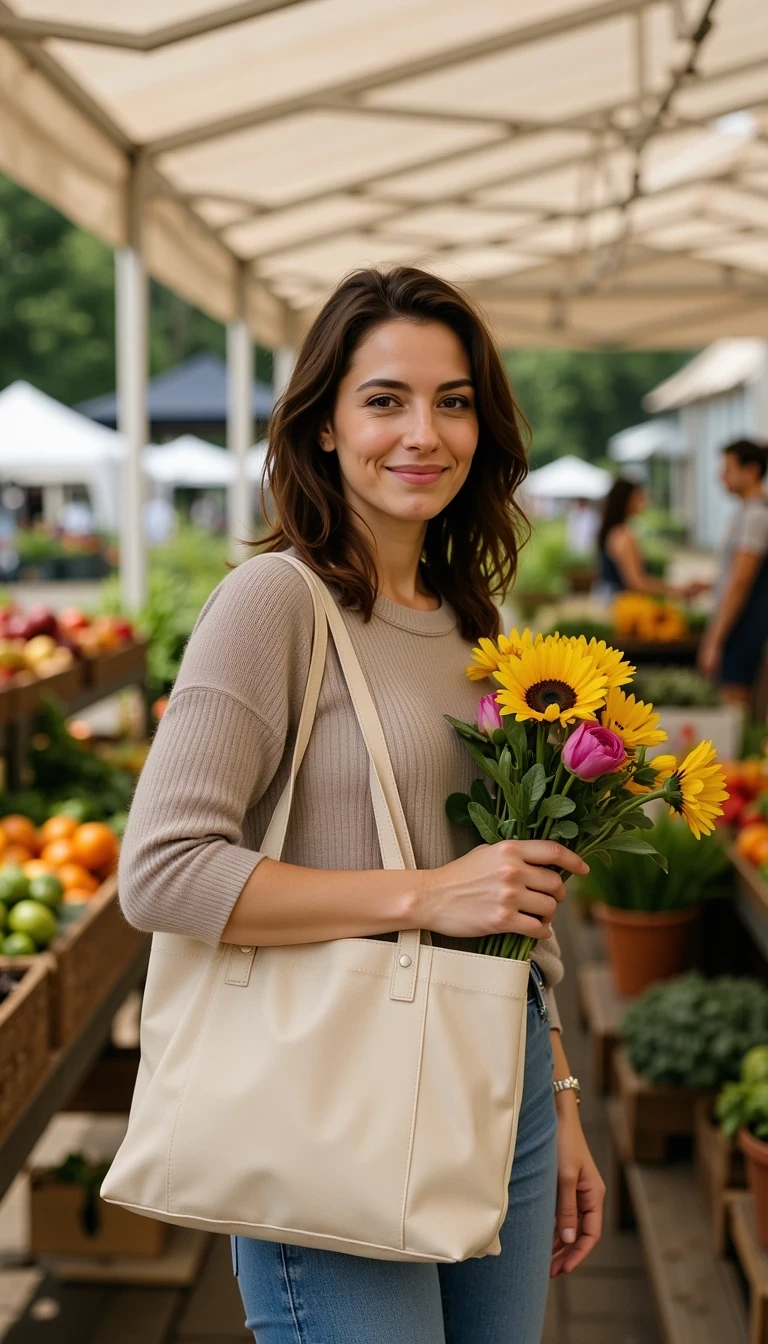 Portrait of woman shopping at a farmer’s market, holding a tote bag with fresh flowers, casual outfit, smiling at camera, CSTMDL woman