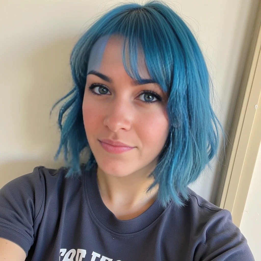 boring low quality snapchat photo circa 2015, cute woman, short blue colour hairs, full outfit