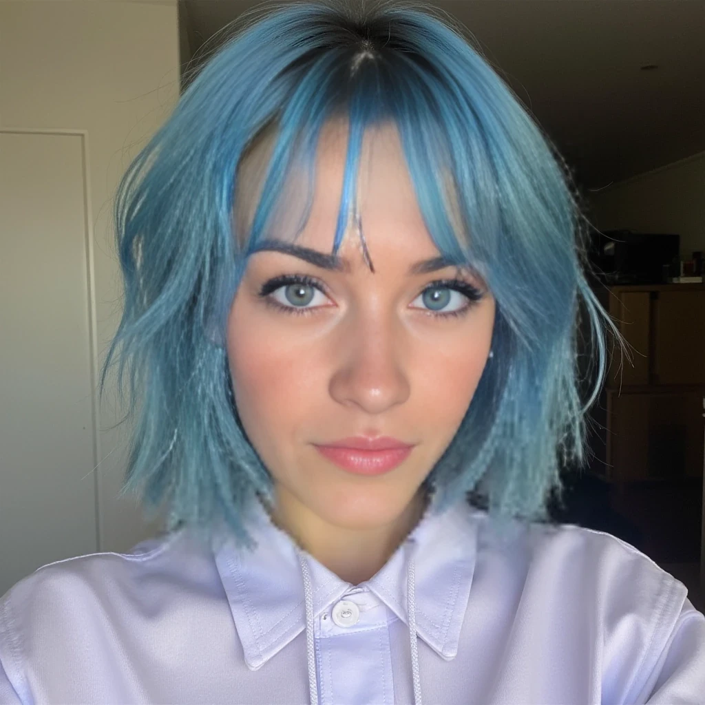 boring low quality snapchat photo circa 2015, cute woman, short blue colour hairs, full outfit