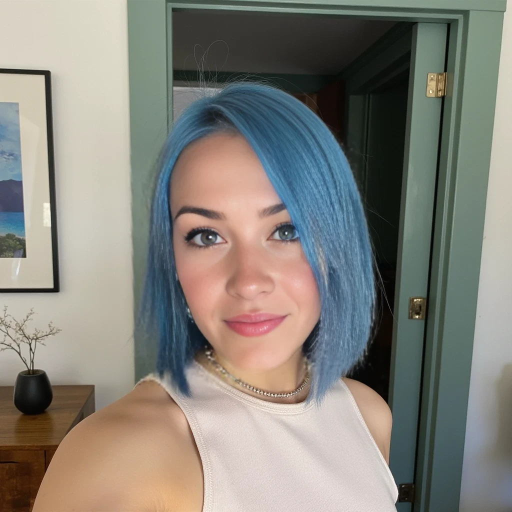 boring low quality snapchat photo circa 2015, cute woman, short blue colour hairs, full outfit