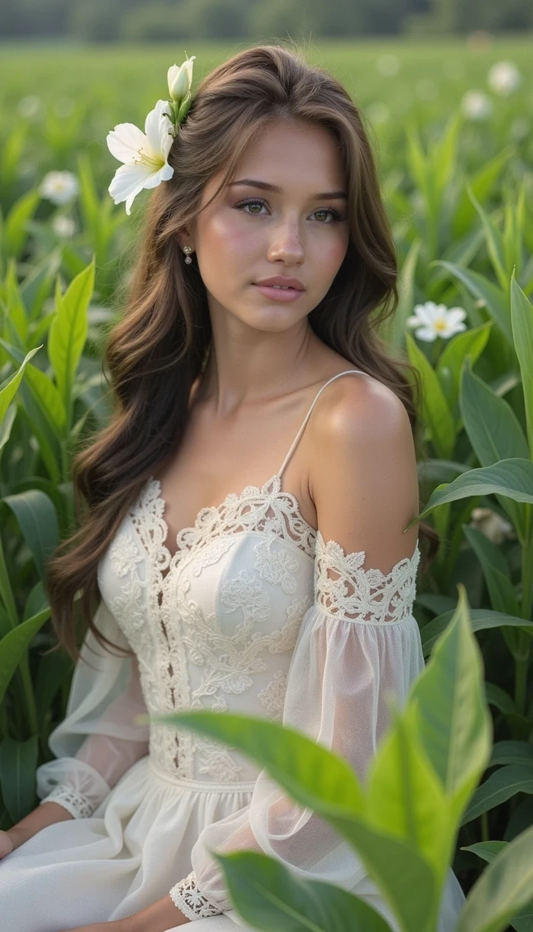 Capture a young woman gracefully poised in a field of lush greenery, showcasing intricate details of her dress and face. The dress, an elegant blend of white and soft ivory lace, features floral cutouts and a flowing skirt that cascades gently around her. The model has long, flowing hair adorned with a single white flower, adding a touch of natural beauty. Soft, diffused lighting enhances the serene atmosphere, casting gentle shadows that create depth in the foliage surrounding her. The composition is balanced, drawing the viewer's eye to the interplay between the delicate fabric of her dress and the vibrant green leaves that frame her. Focus on the textures and patterns of both the garment and the lush environment, emphasizing a harmonious connection with nature. Use a shallow depth of field to blur the background slightly, allowing the subject to stand out while maintaining an organic feel. Capture the image in vibrant color, highlighting the intricate embroidery and delicate lace details in the dress.
