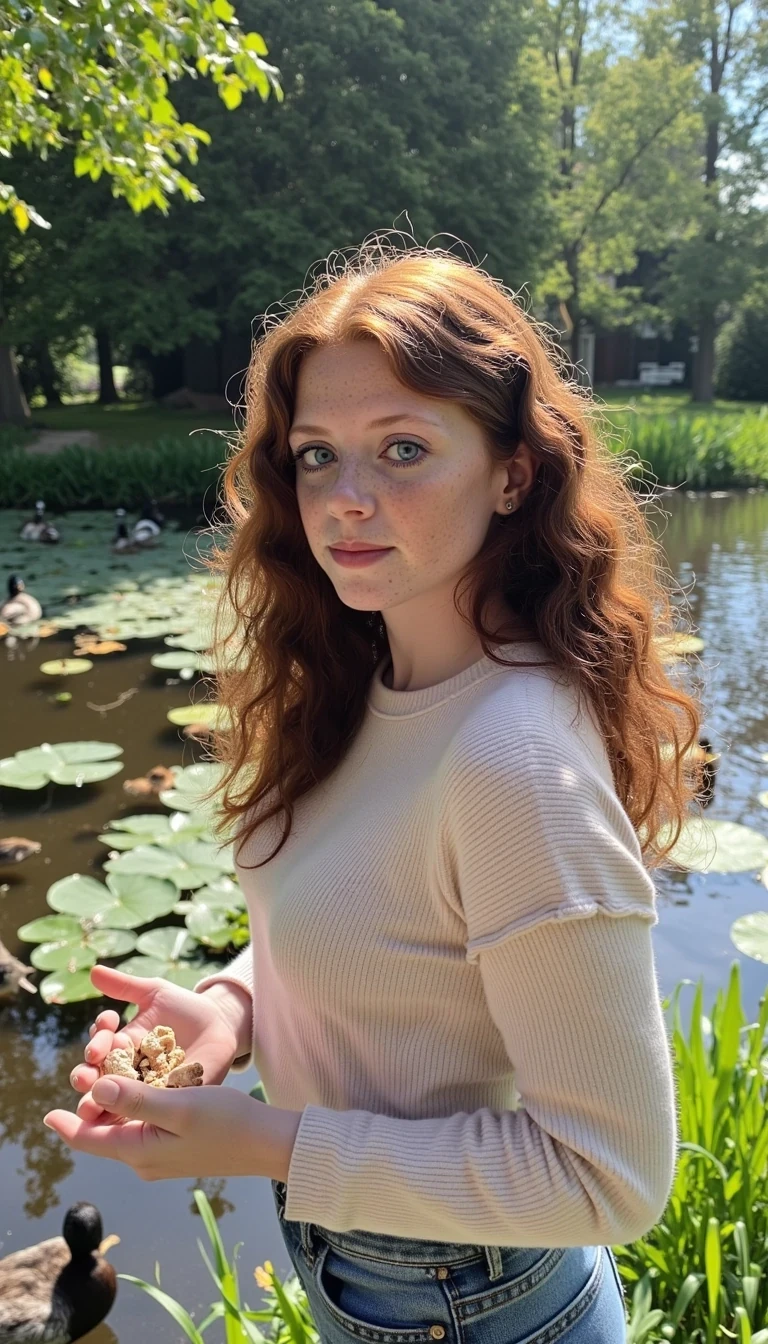 photo of woman CSTMDL, she has long curly auburn hair, very light blue eyes and fair skin. plump pink lips with a slight tint of red. she is smiling, looking away from the camera. she is a baby faced woman with striking light blue eyes and very fair skin and barely noticeable freckles and silky red auburn hair. She wears minimal makeup, with subtle mascara accentuating her long lashes and a natural red gloss on her lips while smiling 
A cute girl with curly red auburn hair, pin-straight hair stands at the edge of a tranquil pond, surrounded by the soft colors of nature. Her hair falls neatly down her back, catching glints of sunlight that make it almost shimmer like gold. She’s wearing a light pastel sweater and denim shorts, dressed casually but neatly, with a peaceful air about her.

In her hands, she gently crumbles bits of bread or bird feed, tossing them into the water with care. A group of ducks paddle eagerly toward her, rippling the surface of the calm water as they go. Some flap their wings gently or dip their beaks under the surface, while others already cluster near the shore, waiting for more.

The pond reflects the soft blue of the sky and the surrounding greenery, with patches of reeds and lily pads decorating the water’s edge. Sunlight filters through the trees above, casting dappled patterns on the girl and the ducks.

Her expression is calm and gentle, maybe even smiling slightly—completely absorbed in the moment. The whole scene gives off a serene, storybook-like feel, as if time has slowed just for this quiet interaction between girl and nature.
she is looking at the ducks, she is feeding ducks, her eyes are on the ducks