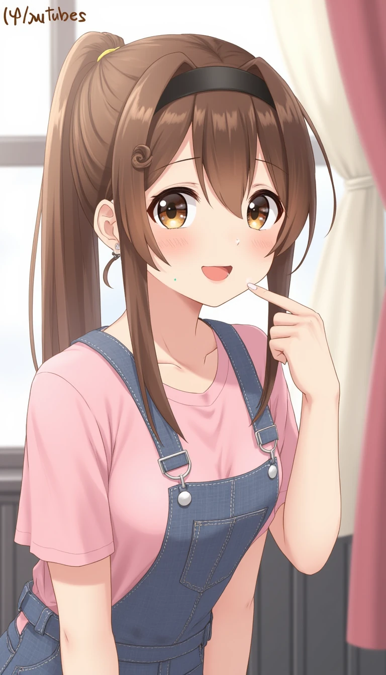 1girl, solo, looking at viewer, smile, open mouth, brown hair, shirt, brown eyes, ponytail, upper body, short sleeves, hairband, parted lips, teeth, indoors, grin, blurry, lips, english text, window, depth of field, blurry background, denim, curtains, pink shirt, overalls, 3d, real life, YouTube channel, Ms Rachel, Ms Rachel’s YouTube channel