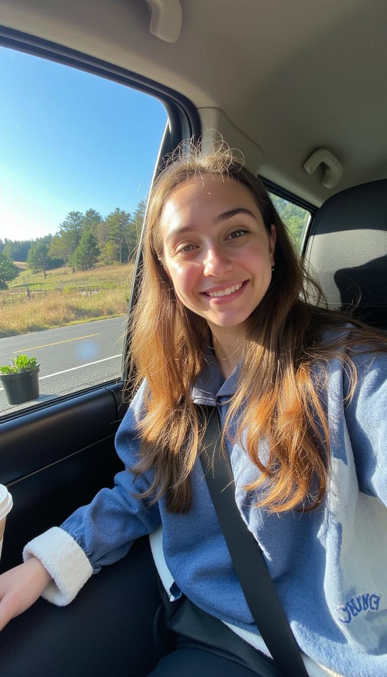 boring low quality snapchat photo circa 2015, A young woman with a warm smile, sitting in the driver's seat of a cozy car. She has soft, wavy brown hair cascading past her shoulders. The sunlight streams through the window, casting a gentle glow on her face. The interior of the car is neat and comfortable, with a coffee cup in the cup holder and a small plant on the dashboard. The background outside the window shows a scenic road lined with trees and blue skies