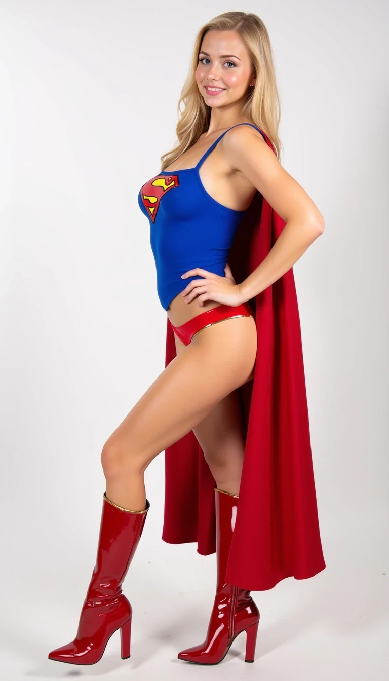 CSTMDL, Hailey, A photorealistic image of a woman in her early 20s with fair skin, long wavy blonde hair, and a fit physique, suggesting recent physical activity with a slight sheen of sweat on her skin. She is dressed in a superhero costume inspired by Superman, featuring only a form-fitting blue mini tank top with the iconic red and yellow "S" emblem on the chest, the tank top is very small and only covers her breast, her belly is visible. She is wearing a shiny red mini thong, and matching red high-heeled boots with gold trim. Her facial expression is confident and determined, with a strong smile directed forward, conveying a sense of mystery and naughtiness. She wears a flowing red cape attached at the shoulders, adding to the heroic aesthetic. The setting is a studio with a plain white background, emphasizing the subject. The lighting is soft and even, coming from multiple sources to avoid harsh shadows, highlighting the textures of her costume and the natural contours of her face. Dominant colors in the image are blue, red, and gold, creating a vibrant and dynamic atmosphere. The composition is a medium shot, capturing her from the knees up, with a slight angle from below to enhance her imposing presence. The textures of the shiny fabric of her skirt and boots contrast with the matte finish of her top, adding depth to the image. Camera settings: Canon EOS R5, 85mm f/1.4 lens, ISO 100, f/2.8 aperture, 1/125 shutter speed, with softbox lighting to ensure even illumination.