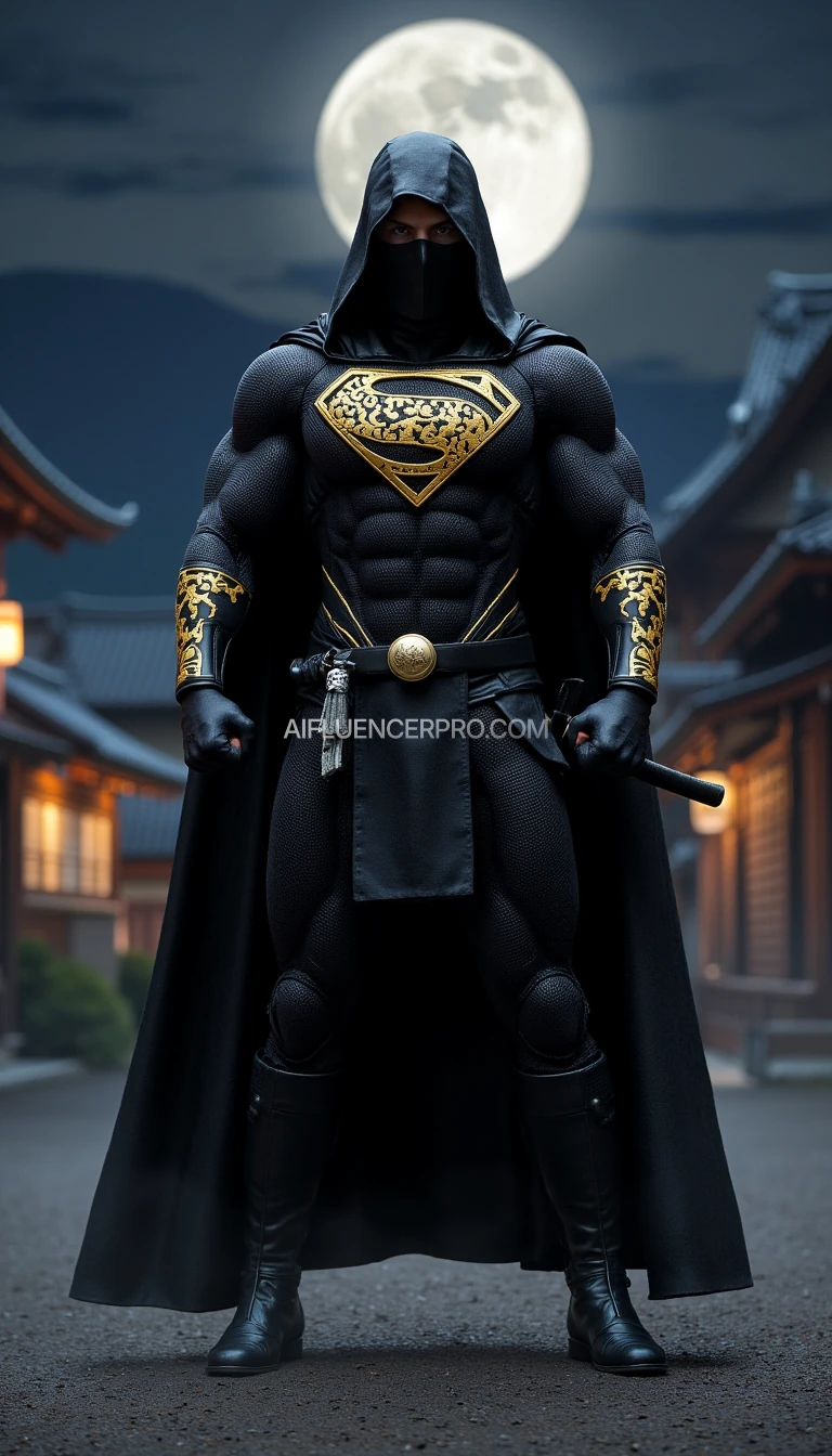 Superman in a ninja appearance, wearing a dark  costume with intricate golden embroidery inspired by Japanese designs on the arms and chest, featuring his iconic 'S' emblem prominently displayed on the chest in gold. His cape seamlessly integrated into the costume, designed for stealth. Superman is in a striking pose, knees slightly bent, one hand holding a katana sword, and the other forming a clenched fist ready to strike. The background features a traditional Japanese village at night with a full moon and thin mist, creating a mysterious and dramatic atmosphere.