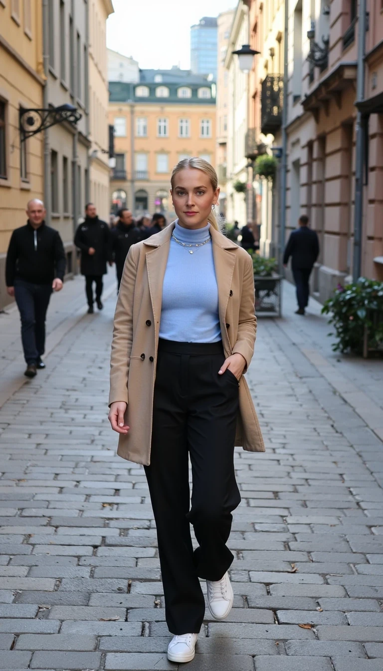 photo of woman CSTMDL, A 19-year-old Swedish young woman with platinum blonde hair, styled sleek and playful, stands confidently on a charming street in Stockholm. Her fair skin has delicate freckles on her nose and cheeks, and her striking blue eyes convey a confident and captivating expression. She wears a modern and sophisticated outfit: a beige wool coat, a light blue turtleneck sweater, high-waisted black trousers, and sleek white sneakers. The surrounding scenery reflects the vibrant atmosphere of the city, with cobblestone streets, elegant Scandinavian architecture, and soft lighting that highlights the charm of the urban landscape.
