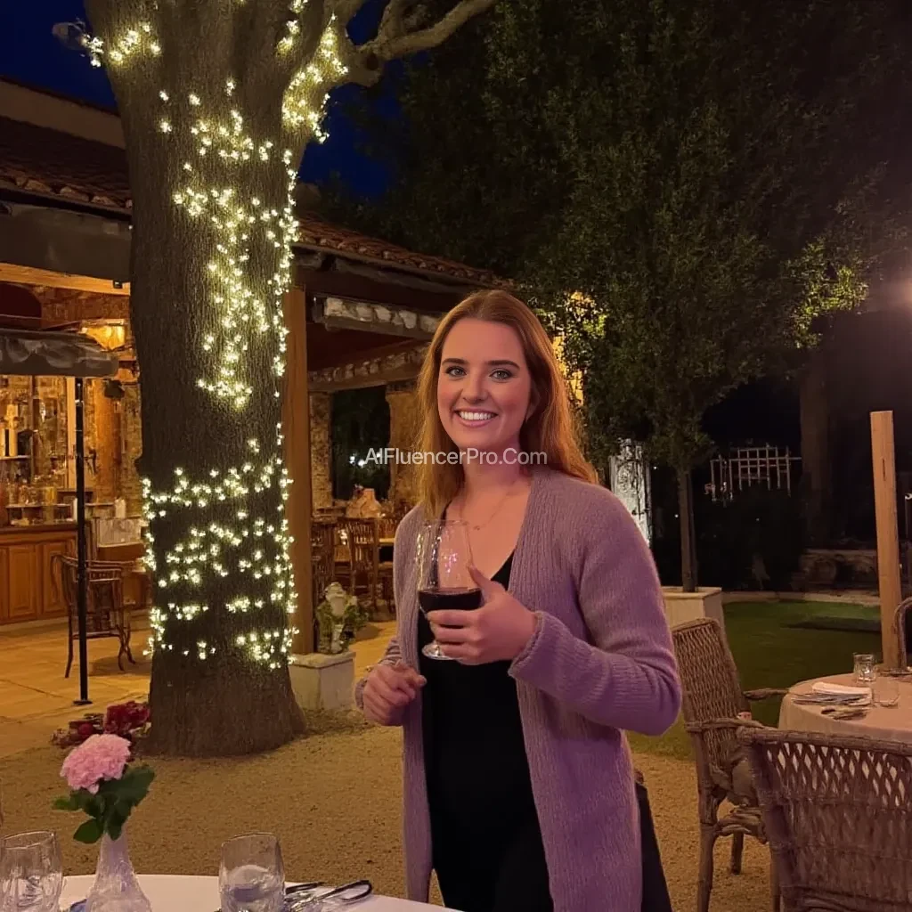 A full body shot photo of a woman standing outdoors at a cozy, warmly lit patio in the evening, with soft, glowing lights wrapped around a tree behind them creating a charming atmosphere. The image is rich in detail, with warm tones and clear textures throughout. The woman has fair skin, a slim build, and long reddish-blonde hair, also worn loose. She is smiling warmly at the camera, holding a glass of red wine in her right hand, and wears a soft-textured lavender cardigan over a black top. The background features a large tree with sparkling string lights wrapped around its trunk and branches, adding a magical touch to the scene. The setting suggests a private outdoor seating area, with elements like terracotta-tiled roofing, greenery, and rattan chairs contributing to a serene, inviting vibe. The overall composition is balanced, with the woman framed against the softly glowing tree, and the lighting enhances the warm, intimate feel of a quiet evening shared among friends. The details are vivid, with textures of clothing, skin, and background elements clearly visible, while the warm lighting creates a relaxed and joyful mood