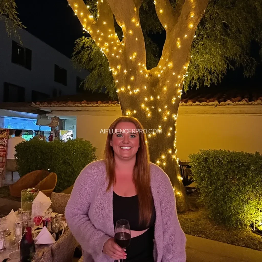 A full body shot photo of a woman standing outdoors at a cozy, warmly lit patio in the evening, with soft, glowing lights wrapped around a tree behind them creating a charming atmosphere. The image is rich in detail, with warm tones and clear textures throughout. The woman has fair skin, a slim build, and long reddish-blonde hair, also worn loose. She is smiling warmly at the camera, holding a glass of red wine in her right hand, and wears a soft-textured lavender cardigan over a black top. The background features a large tree with sparkling string lights wrapped around its trunk and branches, adding a magical touch to the scene. The setting suggests a private outdoor seating area, with elements like terracotta-tiled roofing, greenery, and rattan chairs contributing to a serene, inviting vibe. The overall composition is balanced, with the woman framed against the softly glowing tree, and the lighting enhances the warm, intimate feel of a quiet evening shared among friends. The details are vivid, with textures of clothing, skin, and background elements clearly visible, while the warm lighting creates a relaxed and joyful mood