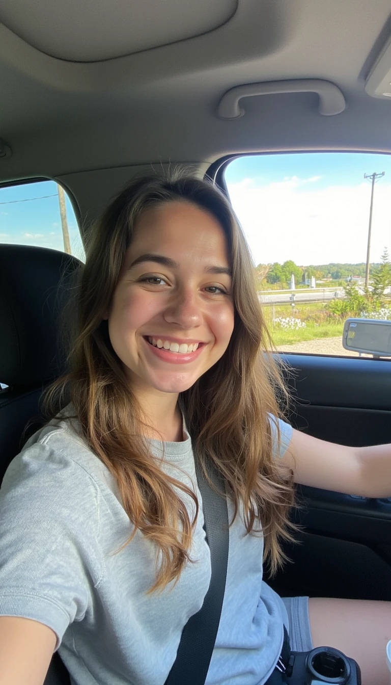 boring low quality snapchat photo circa 2015, A young woman with a warm smile, sitting in the driver's seat of a cozy car. She has soft, wavy brown hair cascading past her shoulders. The sunlight streams through the window, casting a gentle glow on her face. The interior of the car is neat and comfortable, with a coffee cup in the cup holder and a small plant on the dashboard. The background outside the window shows a scenic road lined with trees and blue skies