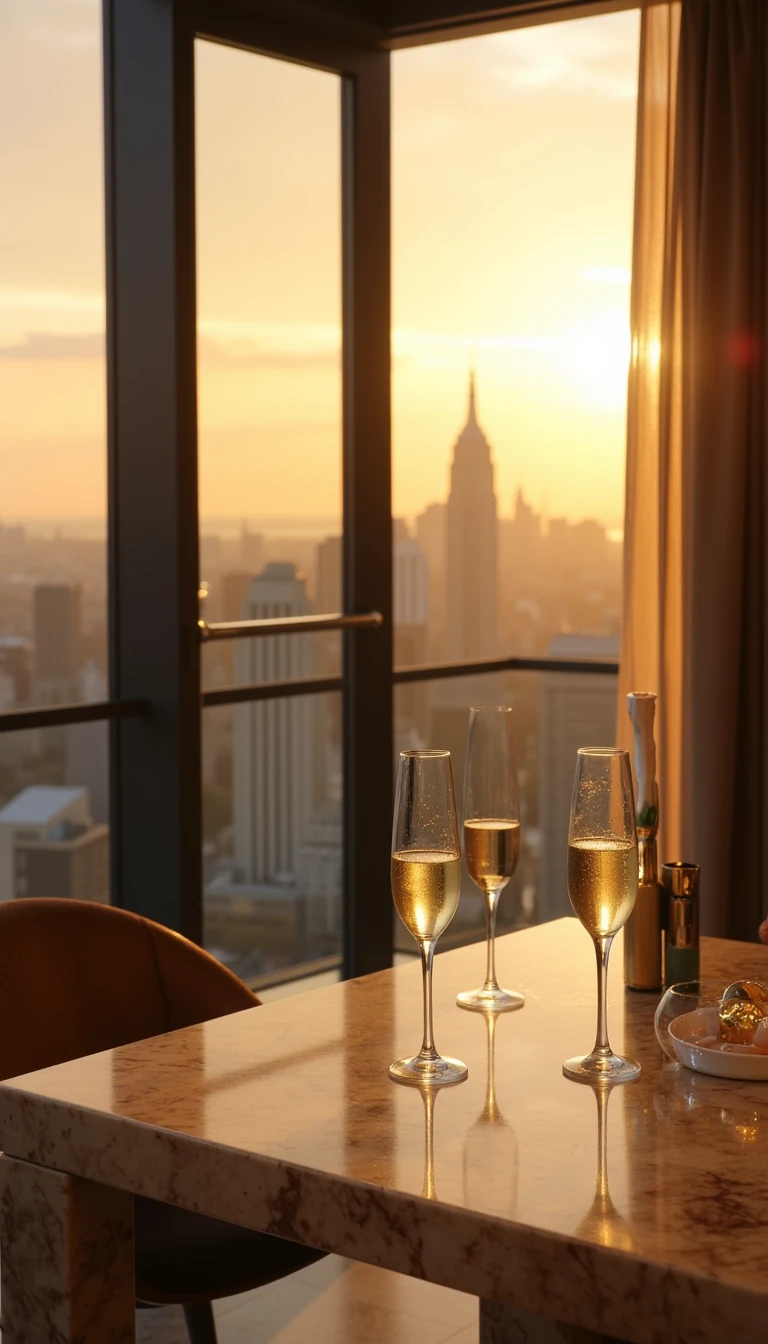 Ultra realistic, cinematic photography of a high-end luxury scene, golden hour lighting, warm tones, depth of field, 8k resolution, perfect focus, soft shadows, luxury interior design with marble, gold accents, glass details,  champagne on the table, modern penthouse view of a city skyline, hyper-detailed textures,  masterpiece photography, shot on Leica S3, bokeh background