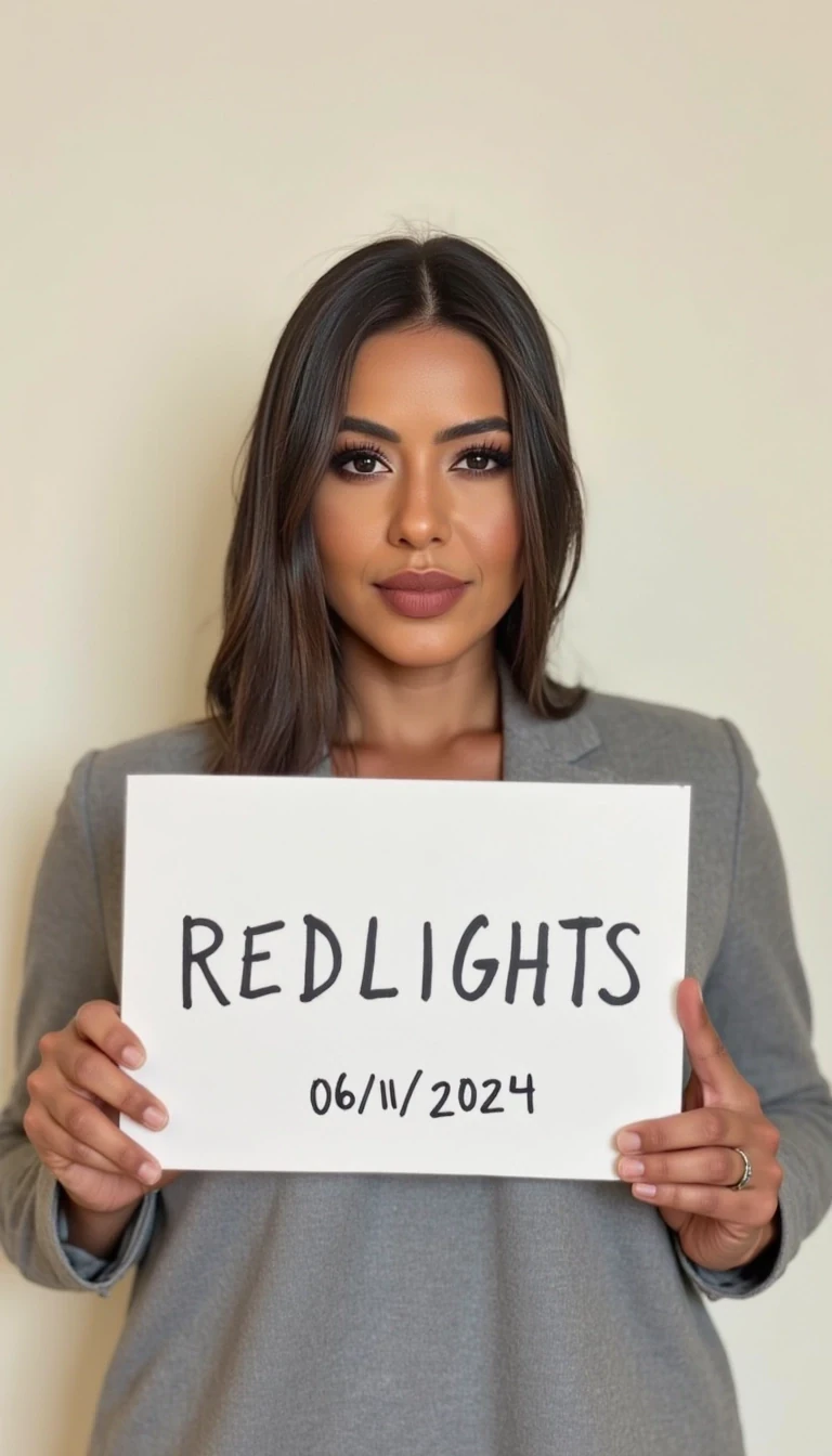 photo of woman CSTMDL, woman holds a sign with handwritten text. She is wearing long sleeves and has neutral makeup. The sign reads "REDLIGHTS" followed by "06/11/2024" in a simple script. The background is a plain, light-colored wall, providing a minimalist and uncluttered setting.