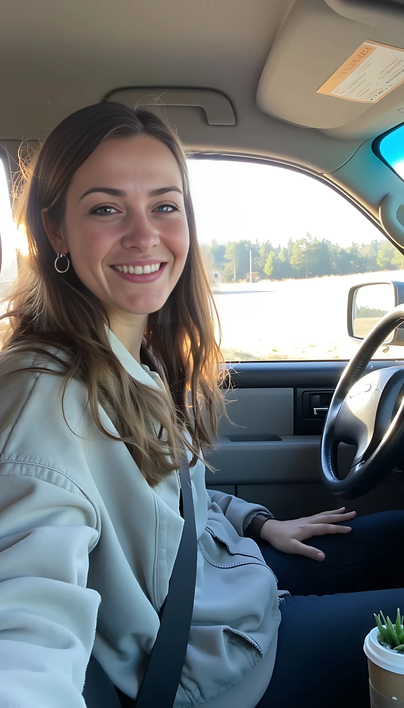 boring low quality snapchat photo circa 2015, A young woman with a warm smile, sitting in the driver's seat of a cozy car. She has soft, wavy brown hair cascading past her shoulders. The sunlight streams through the window, casting a gentle glow on her face. The interior of the car is neat and comfortable, with a coffee cup in the cup holder and a small plant on the dashboard. The background outside the window shows a scenic road lined with trees and blue skies