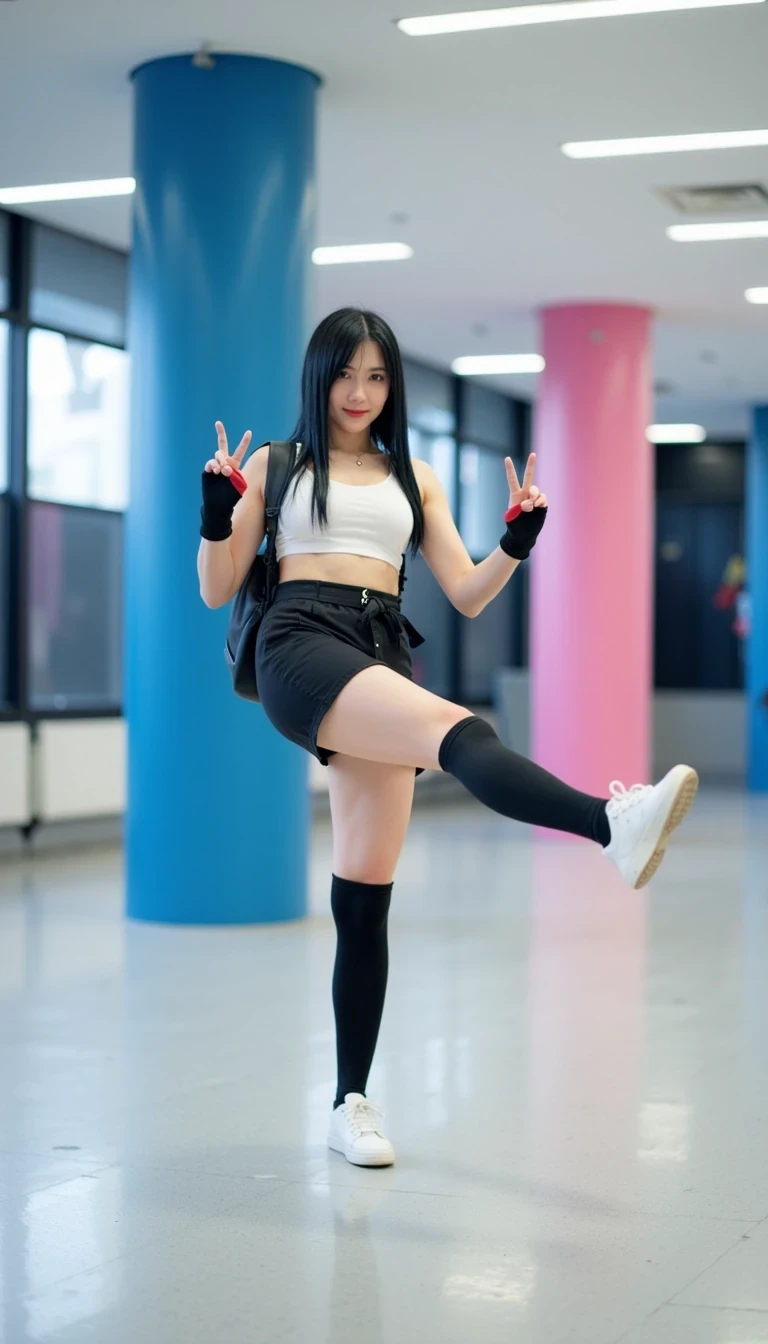 This photograph captures a young woman performing a high kick in a modern, well-lit indoor space, possibly a gym or convention hall. She has long, straight black hair with bangs, and is wearing a cosplay outfit inspired by Final Fantasy VII's character, Tifa Lockhart. The costume includes a white sports bra, black shorts, black thigh-high socks, and white sneakers. Her outfit is accessorized with black fingerless gloves and red wristbands, and she carries a black backpack slung over her shoulders.

Her skin is fair, and she has a slender, toned physique with large breasts. She is smiling and making a peace sign with her right hand, adding a playful and energetic vibe to her pose. Her left leg is extended high, showcasing her flexibility and agility.

The background features a clean, modern interior with a high ceiling and recessed lighting, providing a bright, even illumination. There are two large cylindrical pillars, one in blue and the other in pink, which likely serve as support structures or decor. The floor is a polished, light gray surface that reflects the surroundings. The overall ambiance is modern and sleek, emphasizing the clean lines and bright, open space.