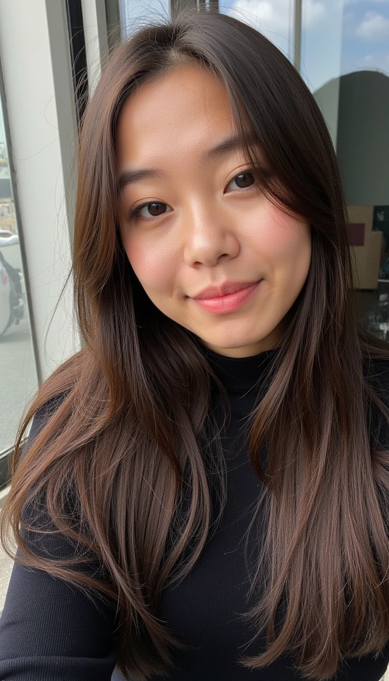 realistic daytime selfie near a glass window, 1girl, solo, long brown straight hair, brown eyes, tanned smooth skin, full lips, soft makeup with highlighter, dark long-sleeve top, natural outdoor lighting, subtle reflections, sitting near glass wall, calm expression, Instagram-style portrait, Gen Z beauty aesthetic

