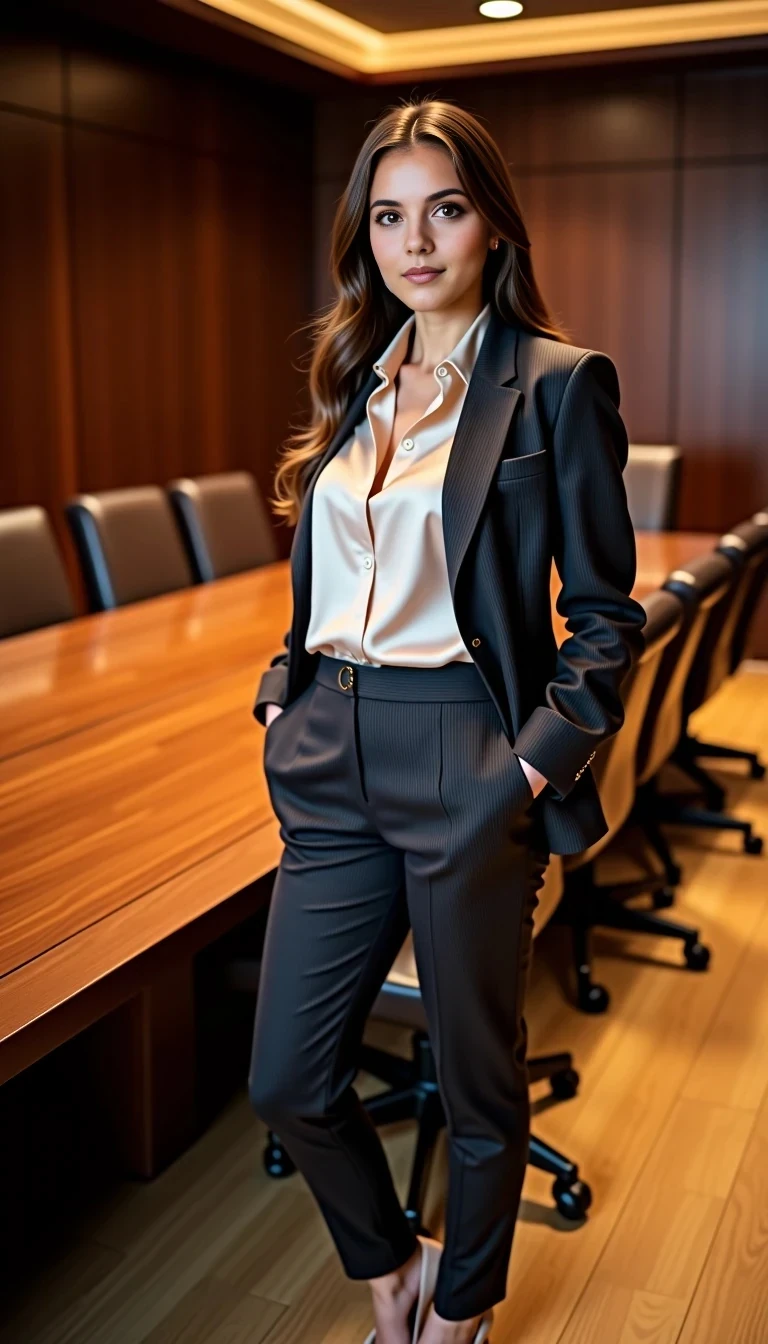 full-body corporate portrait, poised brunette woman early-30s big boobs standing beside long walnut conference table, hands in pockets of tailored charcoal pin-stripe blazer and slim trousers, ivory silk blouse slightly unbuttoned, pointed-toe nude pumps, confident gaze, soft warm tungsten down-lights, leather executive chairs receding in background, polished wood floor, rich cinematic tones, shallow depth of field, 50 mm lens, f/2.2, ISO 400, professional business editorial photograph