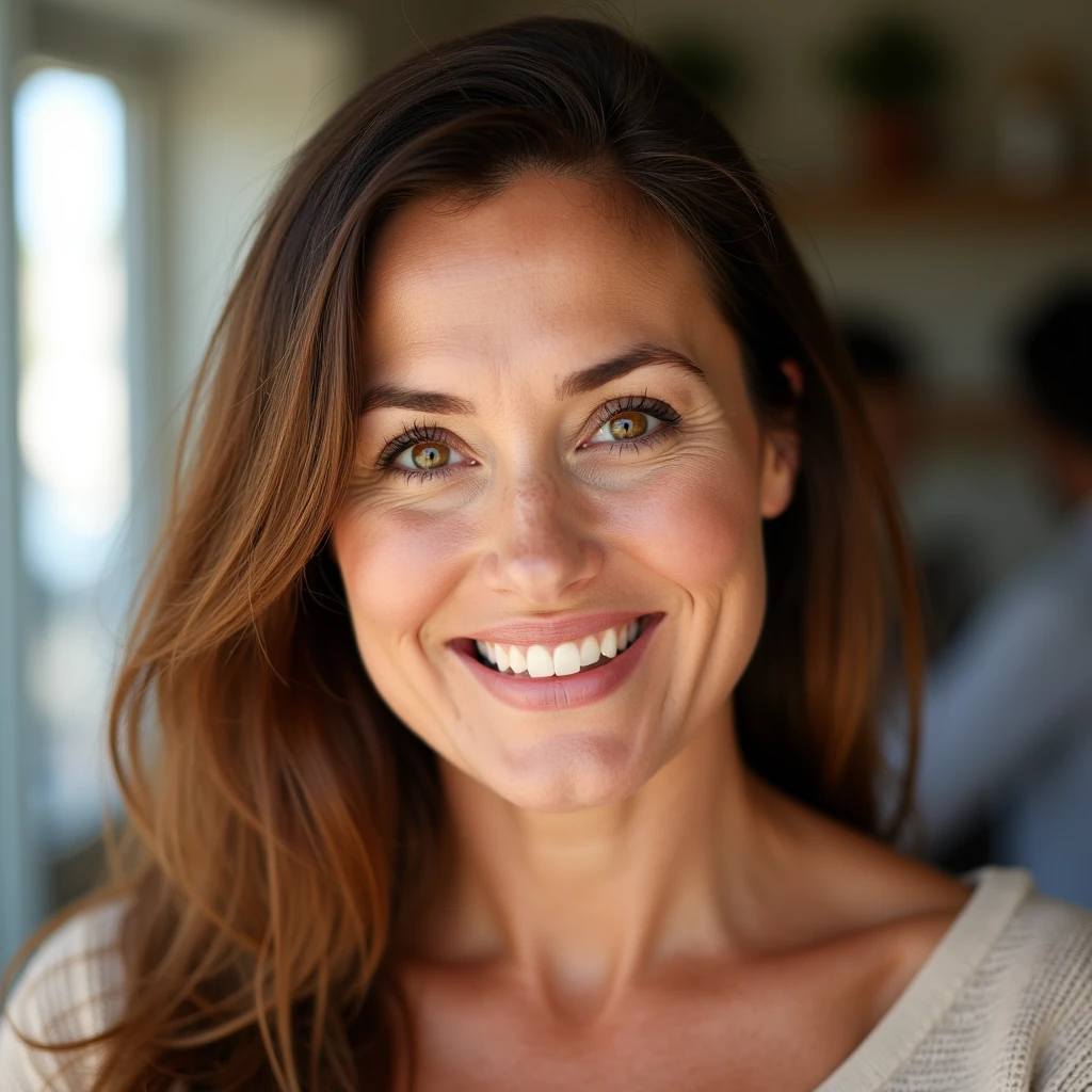 score_9, photorealistic portrait of a mature woman with a fuller chubby face, warm smile, hazel eyes, chestnut brown hair parted to the side, natural daylight, lifestyle vibe