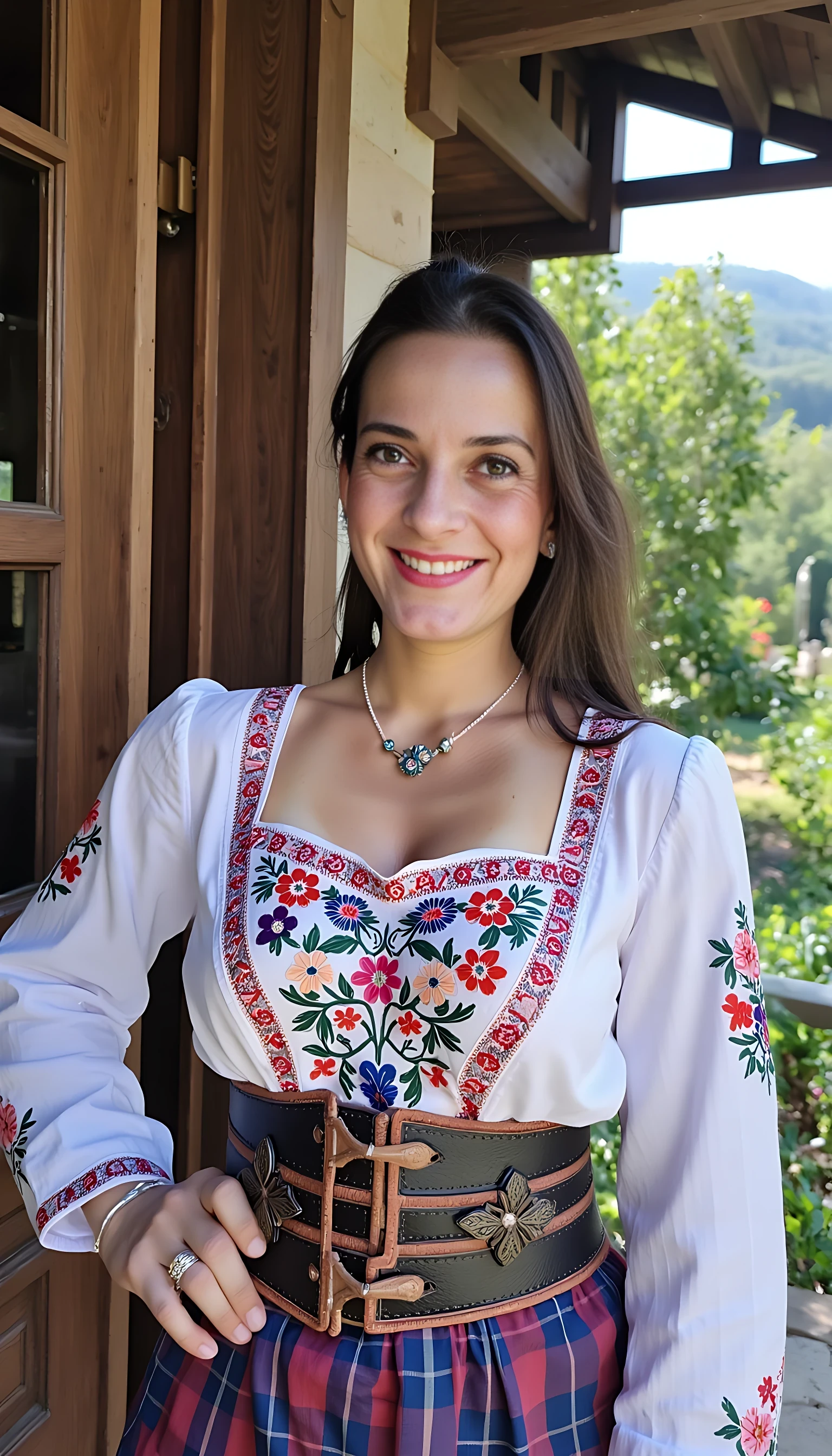 photo of brunette woman CSTMDL shy smile, small puffy saggy tits in turkish historical national costume in turkish village