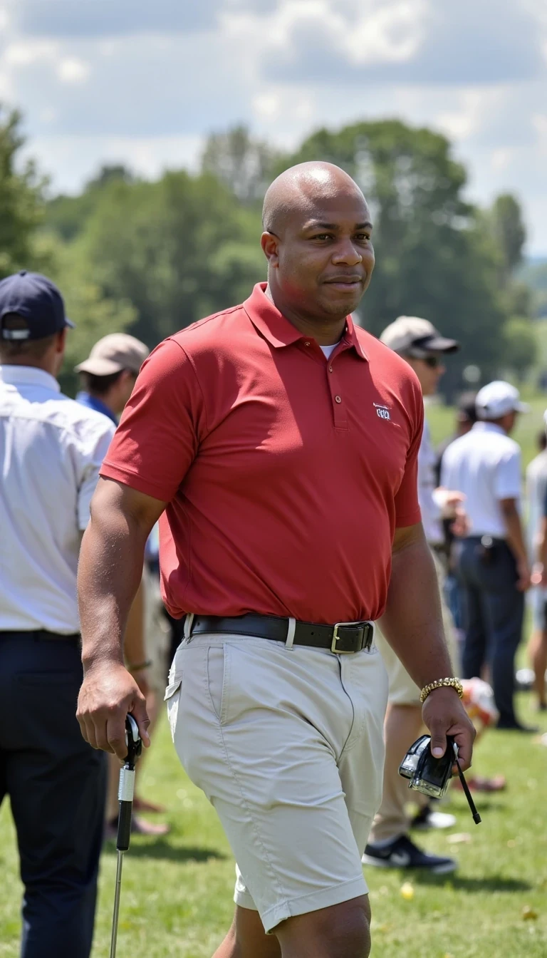 Human filter , polo, walking at polo game, smiling and same face of Carter with bald head, real and younger look, cstmdl