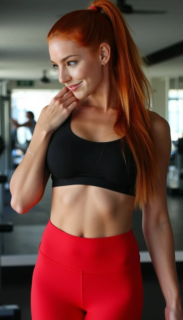 A stunning red-haired fitness model with long, sleek hair in a high ponytail and vibrant green eyes. She has a slim thick physique—toned abs, full hips, strong thighs, and glowing fair skin. She’s wearing a fitted black sports bra and high-waisted red leggings. Confident pose in a well-lit gym, facing a mirror, smirking softly. Her body language is flirty but composed, with no nudity or exposure. Gym glam aesthetic, natural lighting, high resolution. Styled for Instagram—safe for social media, tasteful, and engaging