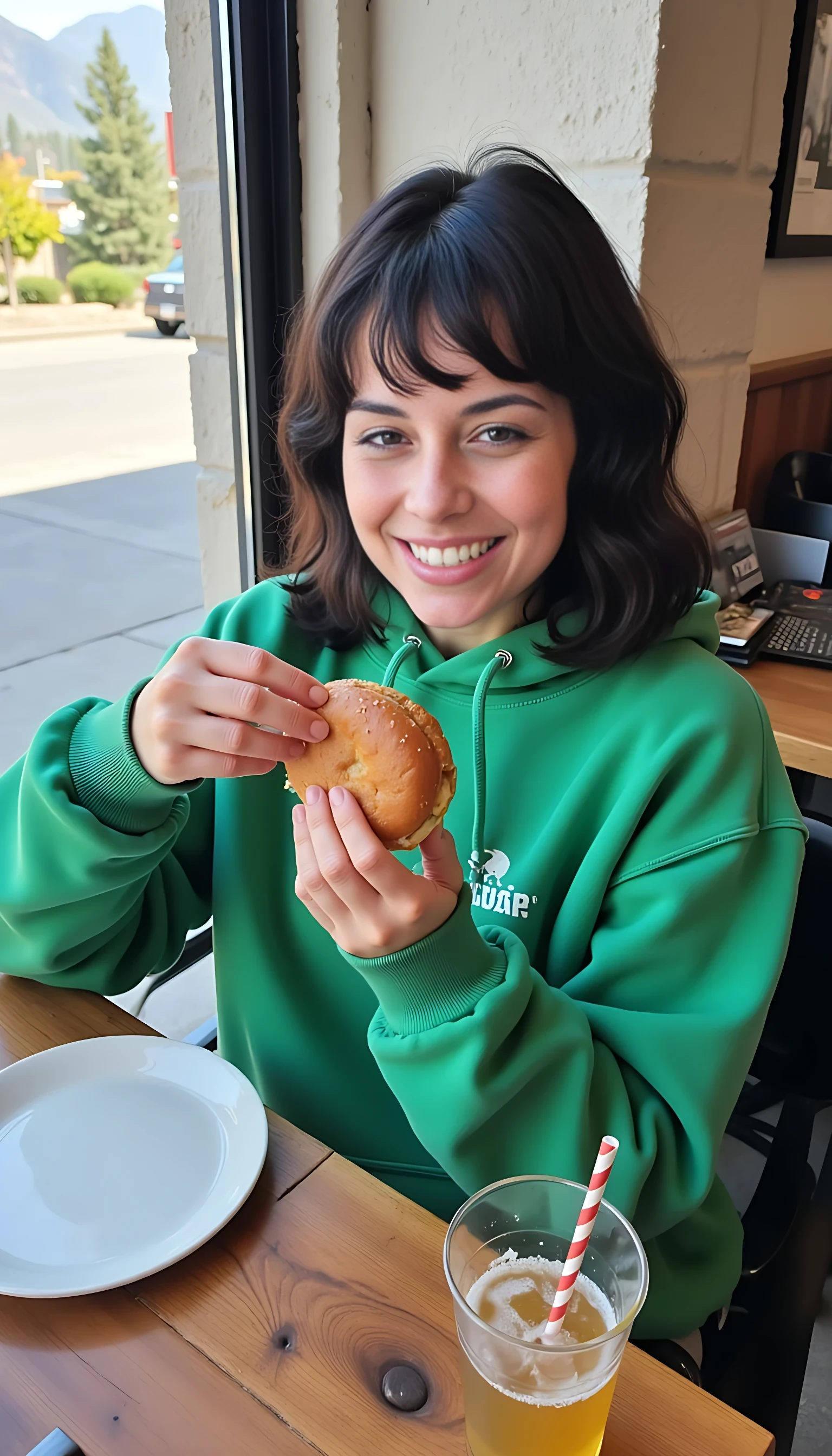 iphone portrait of CSTMDL woman younger Bob length hair hair makeup bangs cute smile brown eyes and sitting in cafe eating cheeseburger and and coke wearing solid green hoodie and shorts mountains background 