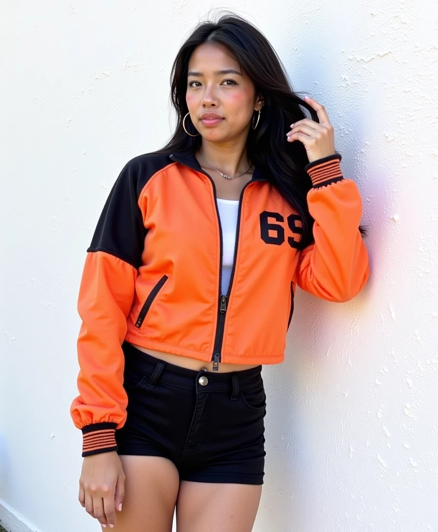 This photograph captures Amy standing against a plain white wall with a slightly textured surface. She has a slender physique with a medium skin tone, long, straight black hair, and is wearing a vibrant, athletic-style jacket. The jacket is predominantly orange with black panels on the left and right sides, featuring the numbers "69" in bold, black print on the left chest. The jacket is zippered and has long sleeves, which are rolled up slightly to reveal her toned arms. She pairs this with high-waisted black shorts that accentuate her legs, and she is also wearing black knee-high socks.

Her outfit is complemented by a white tank top underneath, which is partially visible at the neckline. She accessorizes with gold hoop earrings and a delicate necklace. her left hand is raised, with her fingers gently touching her hair. The background is minimalistic, focusing all attention on her, and the lighting is soft, highlighting her features and the textures of her clothing. The overall mood of the image is casual yet stylish, with a hint of sporty flair.