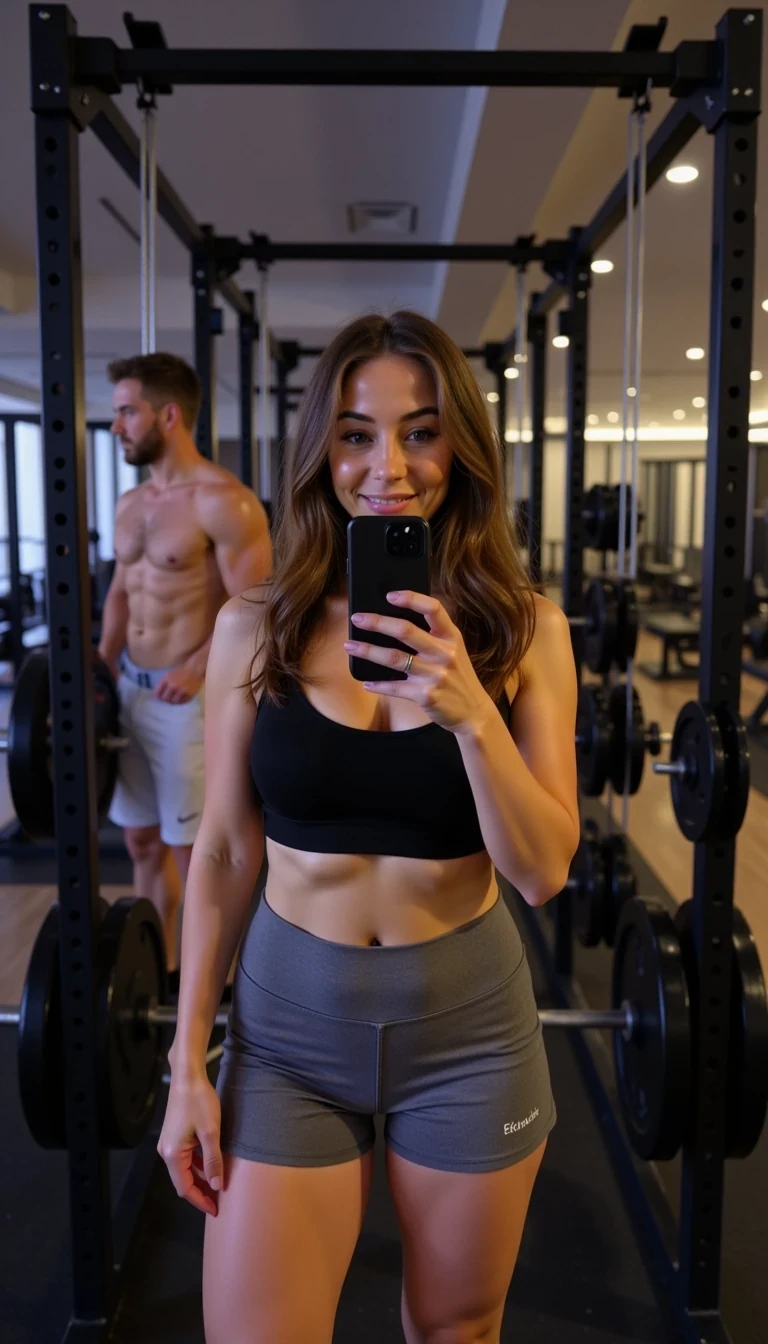 photo of woman CSTMDL , This image captures a gym setting during the evening hours, characterized by vibrant overhead lighting that highlights the equipment and gives a warm ambiance. The primary subject is a woman standing in front of a squat rack, taking a selfie. She has long, wavy hair, and is wearing a fitted black crop top and high-waisted gray shorts, emphasizing a sporty aesthetic. Behind her, a male gym-goer is visible, casually dressed in white shorts, absorbed in his own activities which adds a dynamic element to the scene. The composition focuses on symmetry, framing the woman in the center while the squat rack serves as a visual anchor. The mirrored surface reflects both the subject and the gym environment, enhancing the depth. The color palette consists of dark tones juxtaposed with bright gym equipment, exuding an energetic vibe. The shot exhibits dynamic range and clarity, indicative of a modern smartphone camera, expertly balancing both foreground and background elements to engage the viewer.
