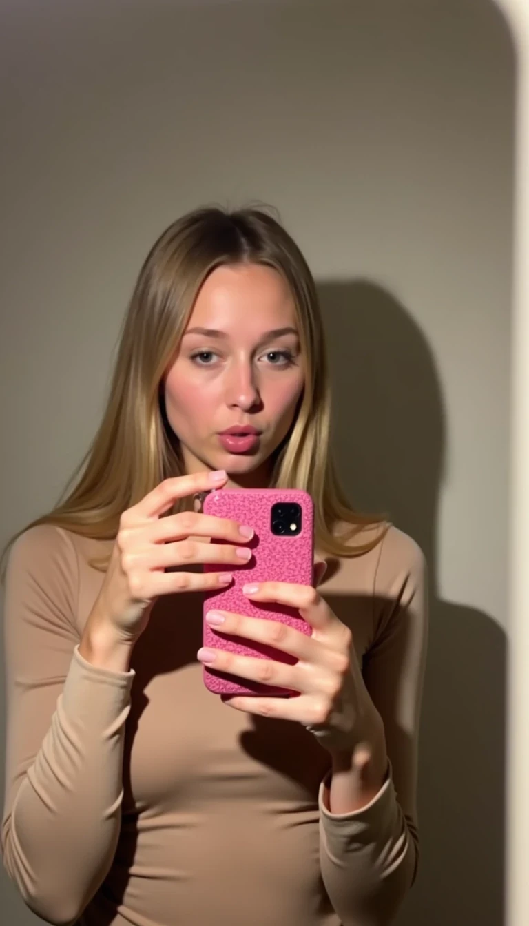 A low-quality Snapchat-style photo from around 2015, showing a young woman taking a mirror selfie in a softly lit room. She has long, straight blonde hair framing her face, with a thoughtful expression and a slight pout. She is wearing a fitted beige top, and her phone has a distinctive, textured pink case that adds a playful touch to the image. The lighting casts a gentle shadow behind her, creating a subtle contrast on the plain background. The atmosphere is casual and slightly moody, capturing an intimate and modern selfie moment.