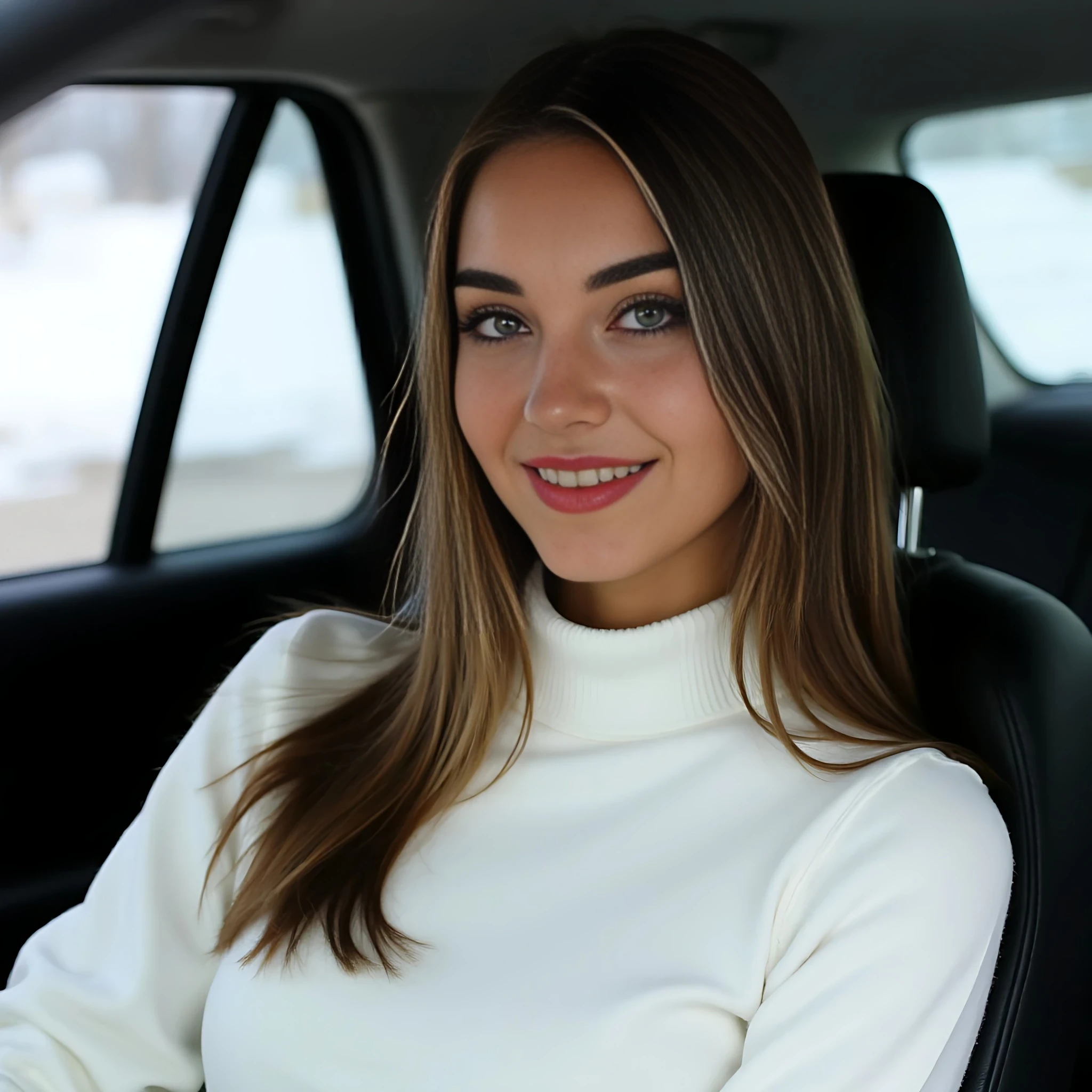 create an ultra-realistic full body image of a 19 year old Serbian woman. she is tan. She stands at 5'9", embodying the epitome of allure and charm with her sharp Slavic facial features. sunkissed tan skin. Her captivating blue eyes and long, brown hair enhance her mesmerizing presence. Her expression is one of confidence and allure. she is dressed in a long beautiful tight long sleeve white soft winter dress. she is sitting inside a taxi, smiling. Focus on extreme realism, especially in her facial details. her eyes are extremely realistic and she is looking directly in the camera. 