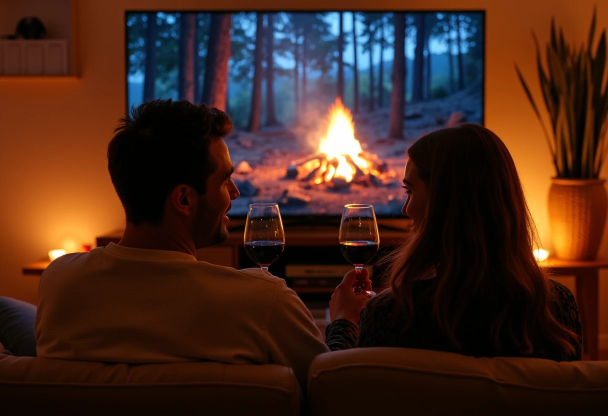 "Create a realistic, visually appealing image depicting a handsome young man and a woman engaged in an intimate, romantic date setting. The couple is seated comfortably, enjoying a nice glass of wine and relaxed conversation. In the background, a large, clearly visible television screen is displaying a soothing, immersive nature scene featuring a bonfire gently flickering in a tranquil woodland setting. Emphasize warm, cozy lighting and a welcoming atmosphere that complements the romantic mood."
