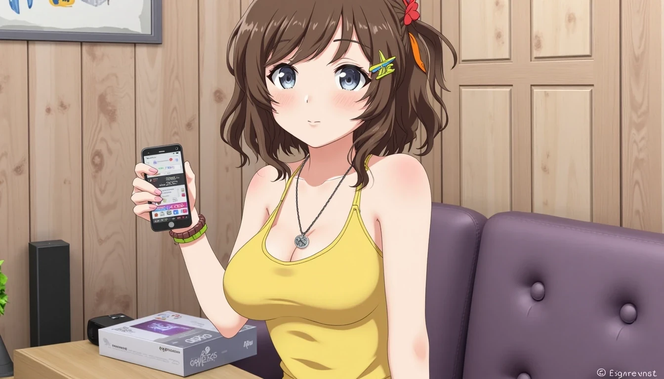 CSTMDL,the photo should be anime,she should be an anime girl, anime girl,hentai,body like ava addams,huge boobs,yellow tank top