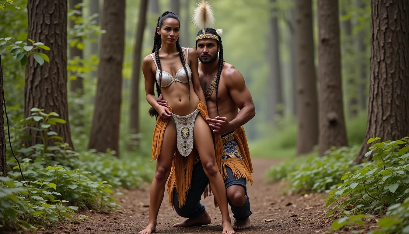 photo of woman CSTMDL, a medium shot photo of, a slim woman, her full body is in the scene, she has a slender petite build with petite small boobs and a flat chest, she has small dark skin nipples with long pointy nipple ducts and small dark skinned areolas, her hair is styled with two long braids she has eagle plumes in her hair, she is not wearing earrings, she is wearing daisy duke denim booty shorts, she is wearing a native American style vest in a golden yellow color over top of her underwear, her vest is open exposing her strapless bra, her bra is a strapless white lace bra, she is wearing white lace panties, she is wearing ankle height smoked hide moccasins, natural lighting, natural light, amateur photography, shot on an iPhone, she is standing with her legs spread wide apart in a densely wooded forest, she is maintaining intense eye contact with the camera, there is a giant native American fat man three times her height kneeling directly behind her holding onto gripping the woman's waistline, the man is holding her in front of him, the man is a real giant three times the height of an average male, public setting, Hyper realism, ultra-sharp focus, highly detailed, natural lighting, natural light, amateur photography, she has her hands placed down by her sides