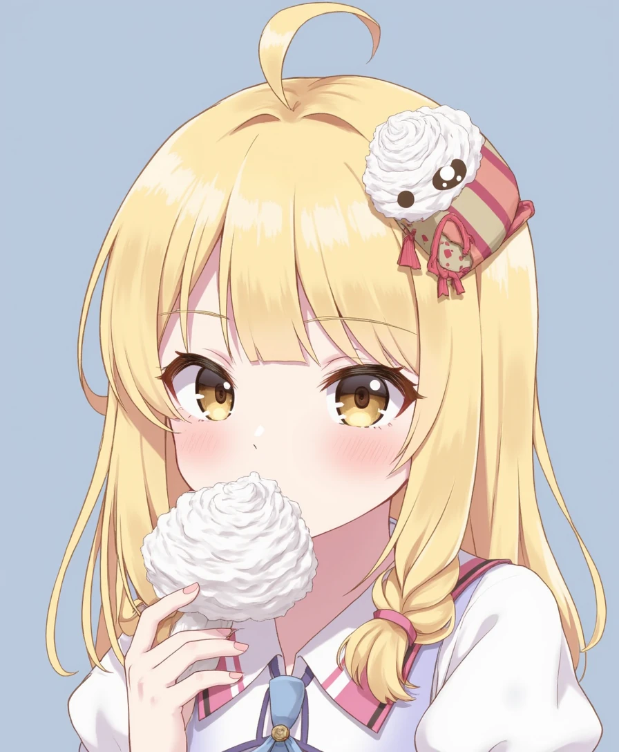 Luna, ice blonde hair, licking whipped cream or frosting off her finger with a sly expression