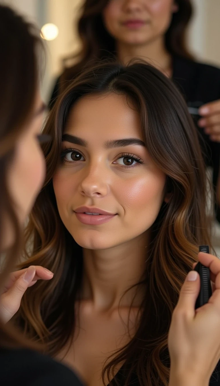 CSTMLD Ultra-realistic close portrait through the salon mirror: Luna gazes at her reflection with a confident, sensual half-smile. The stylist is softly out of focus behind her, lifting sections with a comb. Catchlights sparkle in her eyes; glossy lips, flawless soft skin. Bokeh from backlit product shelves, hair light rim on her waves. 8K HDR, shallow DOF, creamy bokeh, warm highlights, rich shadows, cinematic beauty look.