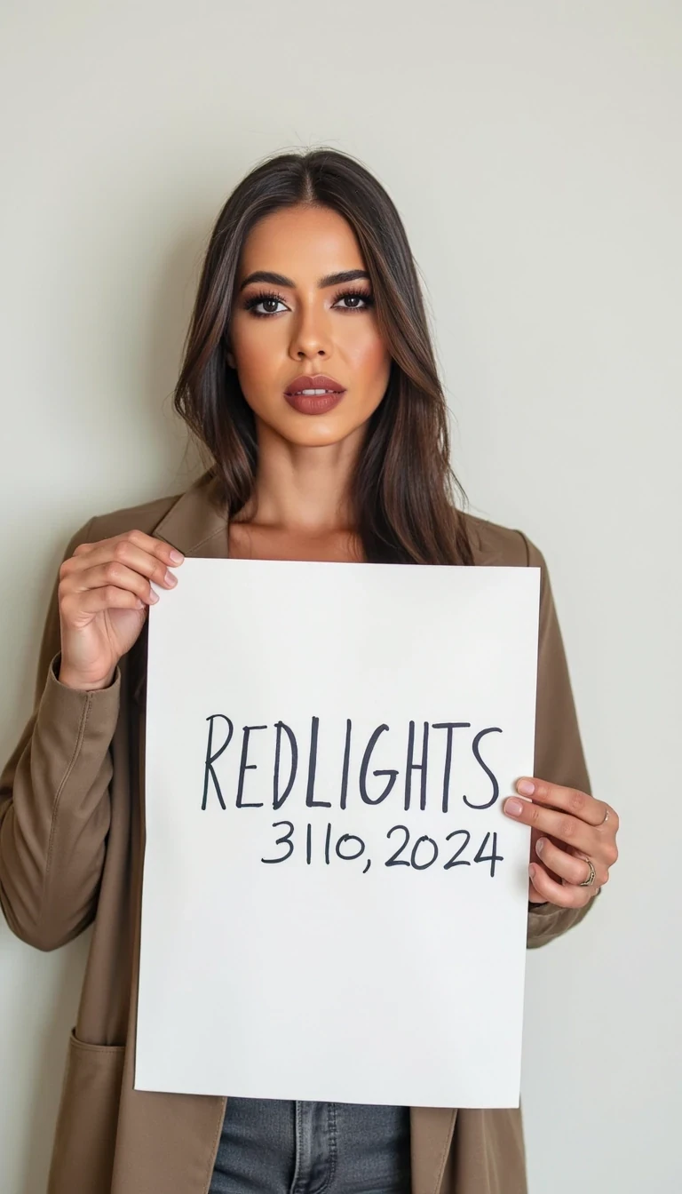 photo of woman CSTMDL,   woman holds a sign with handwritten text. She is wearing long sleeves and has neutral makeup. The sign reads "REDLIGHTS" followed by "31/10/2024" in a simple script. The background is a plain, light-colored wall, providing a minimalist and uncluttered setting.