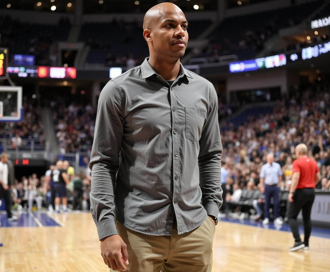 Magazine shoot, on basketball course inside arena ,  long sleeve fitted button up and khakis and female supermodel date,  same face of Carter with bald head, lean look, cstmdl
