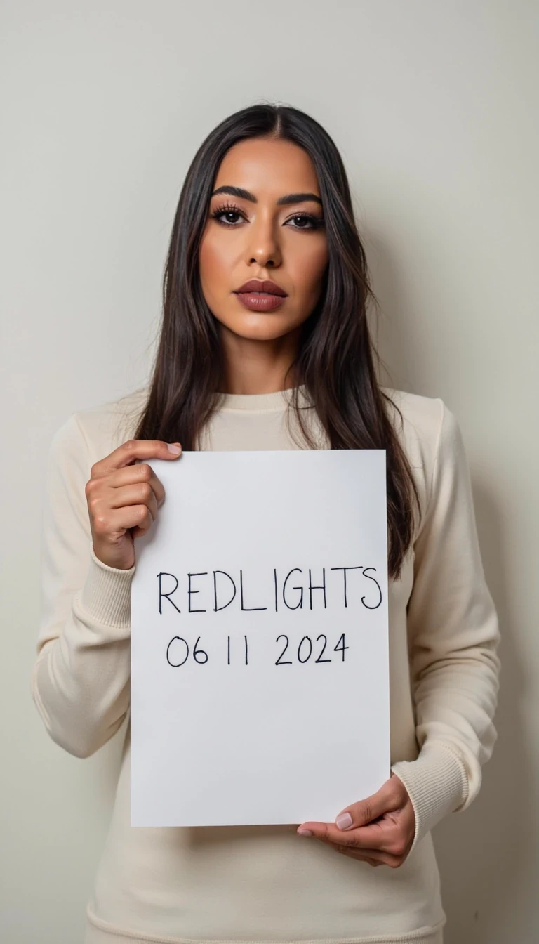 photo of woman CSTMDL, woman holds a sign with handwritten text. She is wearing long sleeves and has neutral makeup. The sign reads "REDLIGHTS" followed by "06/11/2024" in a simple script. The background is a light-colored wall