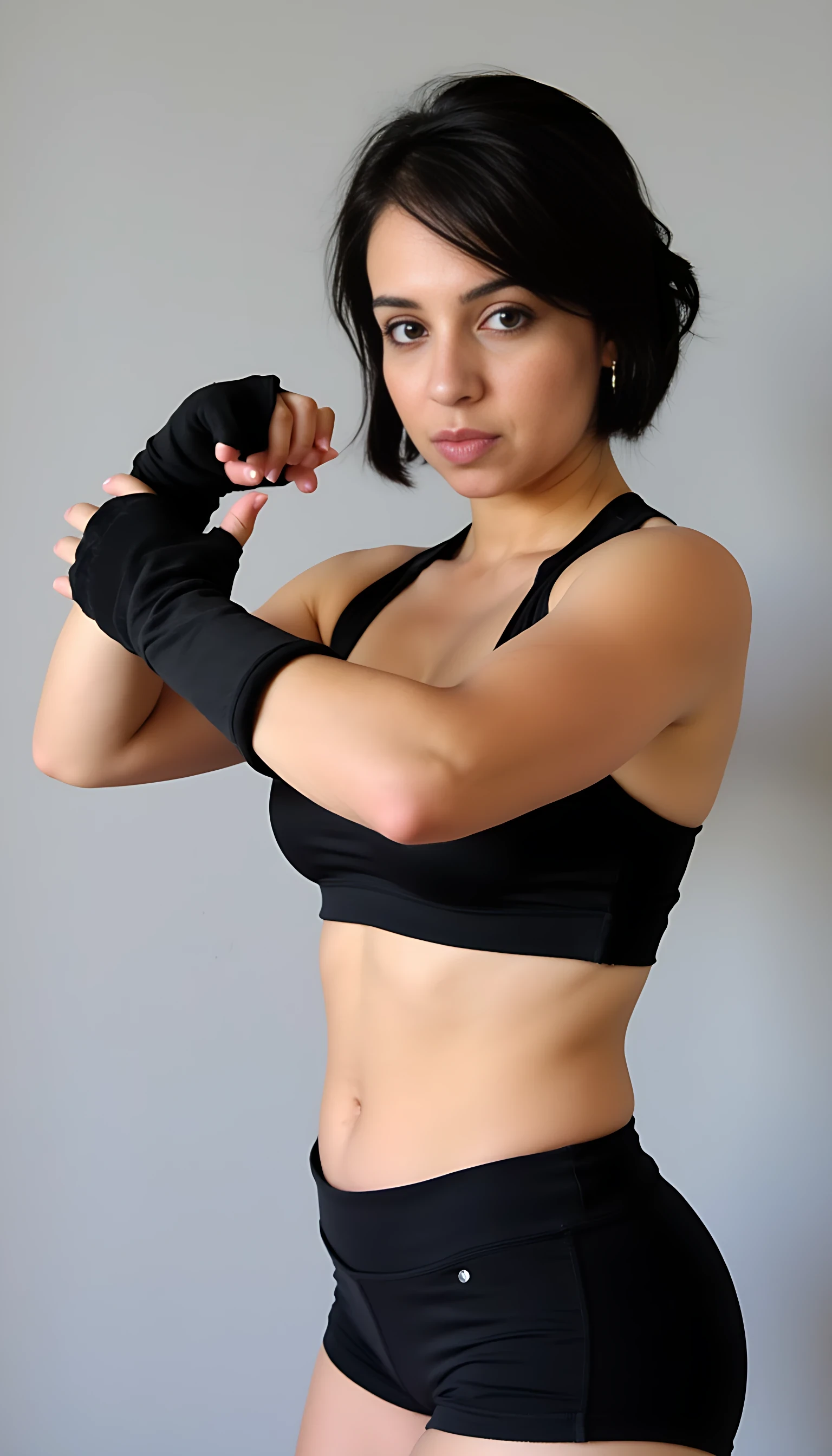 Photograph of a muscular woman with short dark hair in a black sports bra and shorts, flexing her abs and wearing black fingerless gloves, against a plain light gray background.