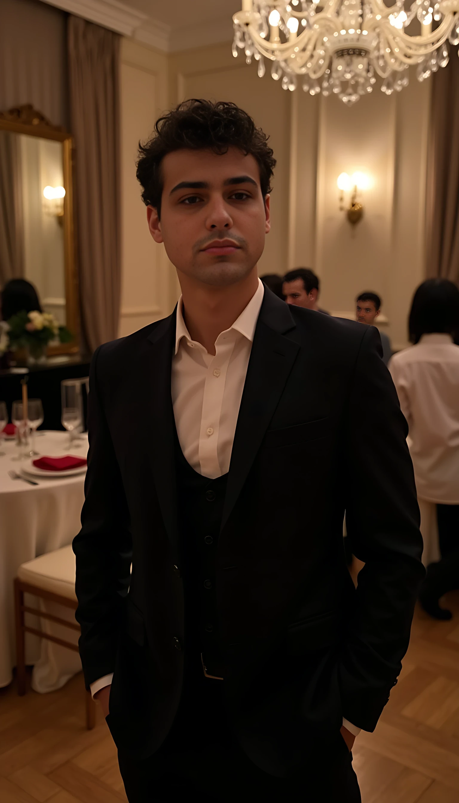 CSTMDL handsome 20 year old man A man standing alone at a luxurious evening party venue, wearing a perfectly tailored dark suit with an open-collar white dress shirt (no tie), one hand casually in his pocket. The elegant space features chandeliers, ambient warm lighting, and opulent décor, but no other people are present in the frame. His posture is relaxed yet poised, facial expression calm and confident, hyper-realistic style with sharp details, soft shadows highlighting the suit’s texture, sophisticated and effortless charm.

