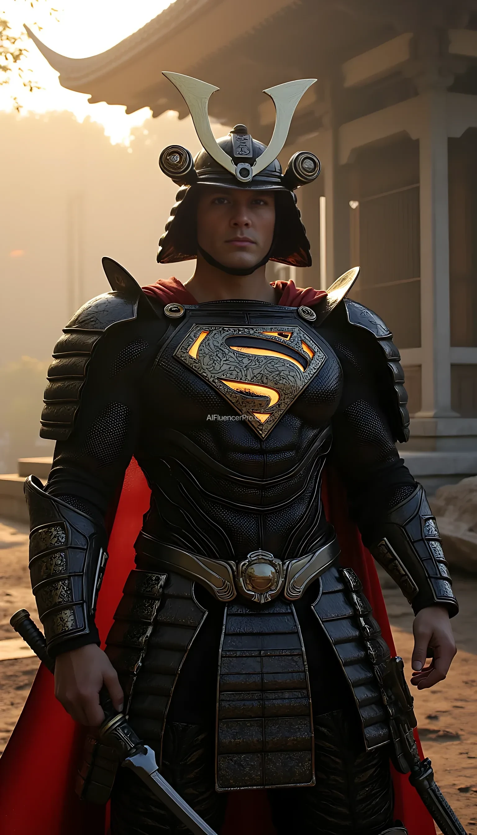 A photorealistic Superman wearing a majestic samurai-inspired suit, combining traditional Japanese armor with futuristic design. The samurai armor is adorned with intricate, metallic plating, featuring glowing accents that highlight the suit's advanced technology. His chest displays the iconic 'S' symbol, subtly incorporated into the armor's design. He wears a traditional samurai helmet, but with a modern twist, featuring sleek, aerodynamic lines. Superman wields a katana, its blade reflecting a sharp, deadly glow, while a shuriken is strapped to his side. The scene takes place in a serene, ancient Japanese temple at dawn, with soft sunlight breaking through the mist, casting a golden glow on the scene. The stillness of the temple is interrupted only by the faint sound of the wind rustling through the trees, creating a calm yet tense atmosphere as Superman prepares for battle.