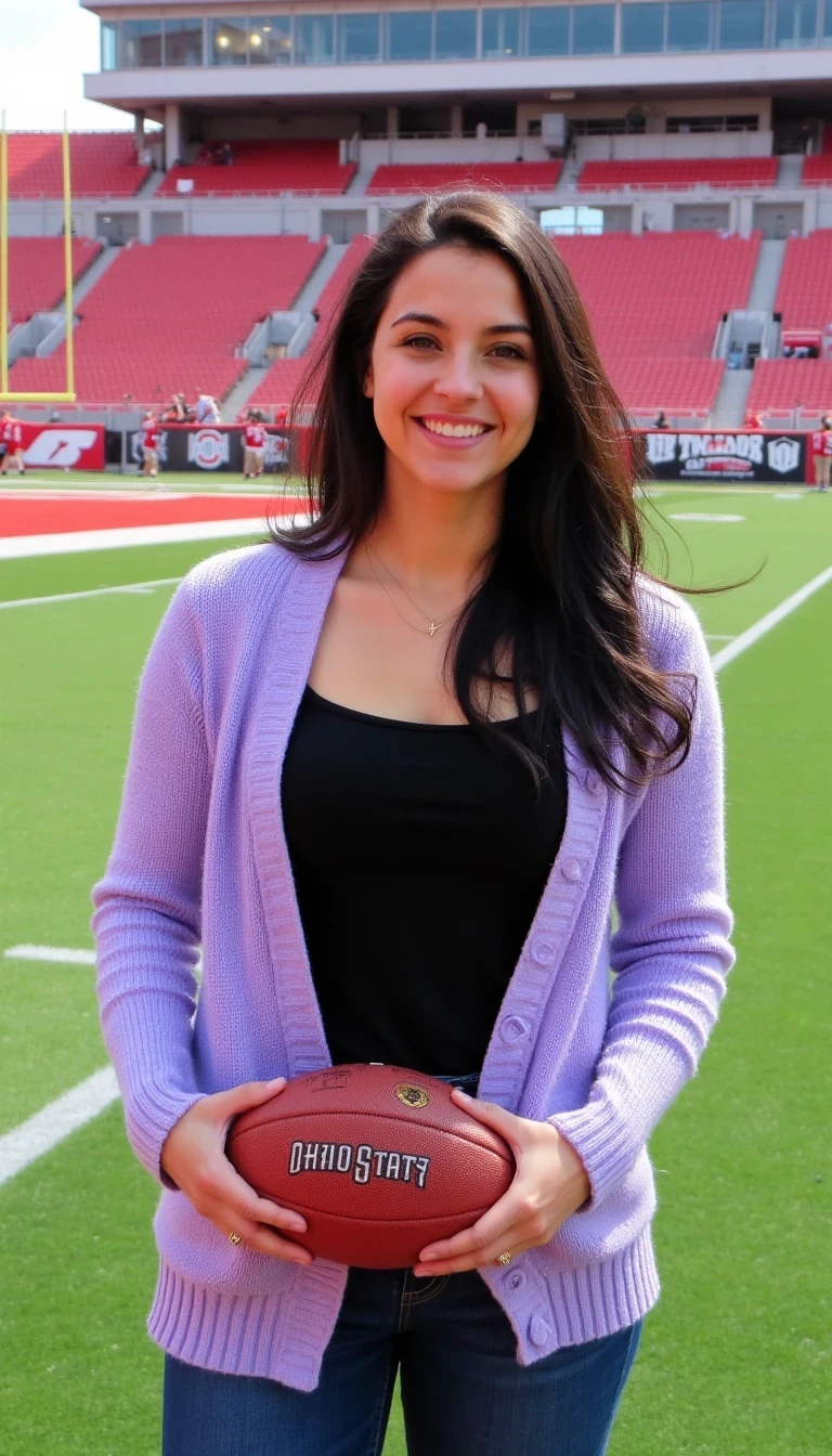 A full body shot photo of a woman standing in the end zone of the Ohio State football field, it is day time and the sun light illuminates her body. The image is rich in detail, with warm tones and clear textures throughout. The woman has fair skin, a slim build, and long dark hair hair, also worn loose. She is smiling warmly at the camera, holding a football in her right hand, and wears a soft-textured lavender cardigan over a black top.