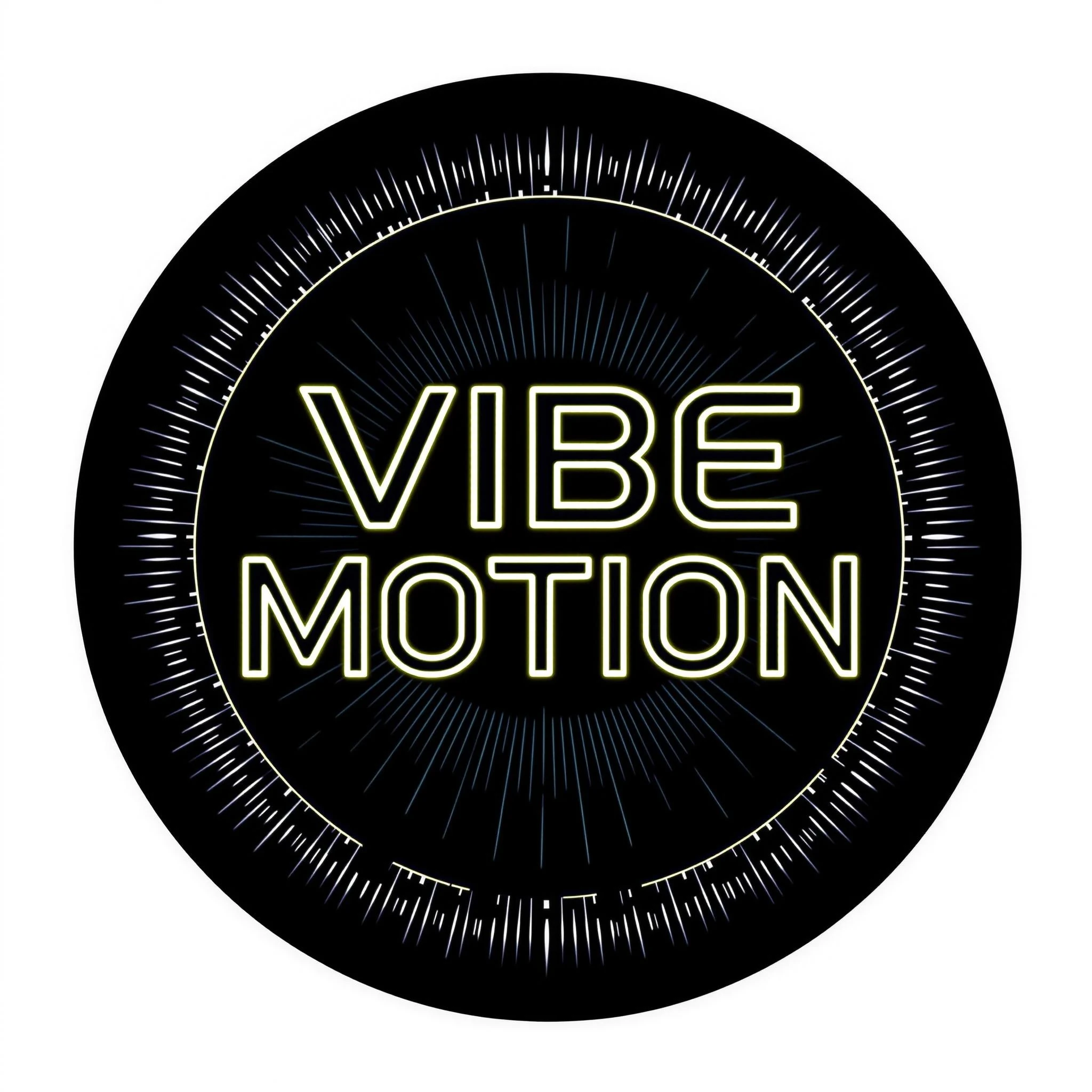 centered circular emblem with bold modern typography inside, glowing neon outline, high contrast black and white design, futuristic clean vector look, symmetrical balance, placed on a soft gradient background (dark blue to black), perfect for music branding" text "Vibe Motion Music" need to be inside. no trap nation music text.
