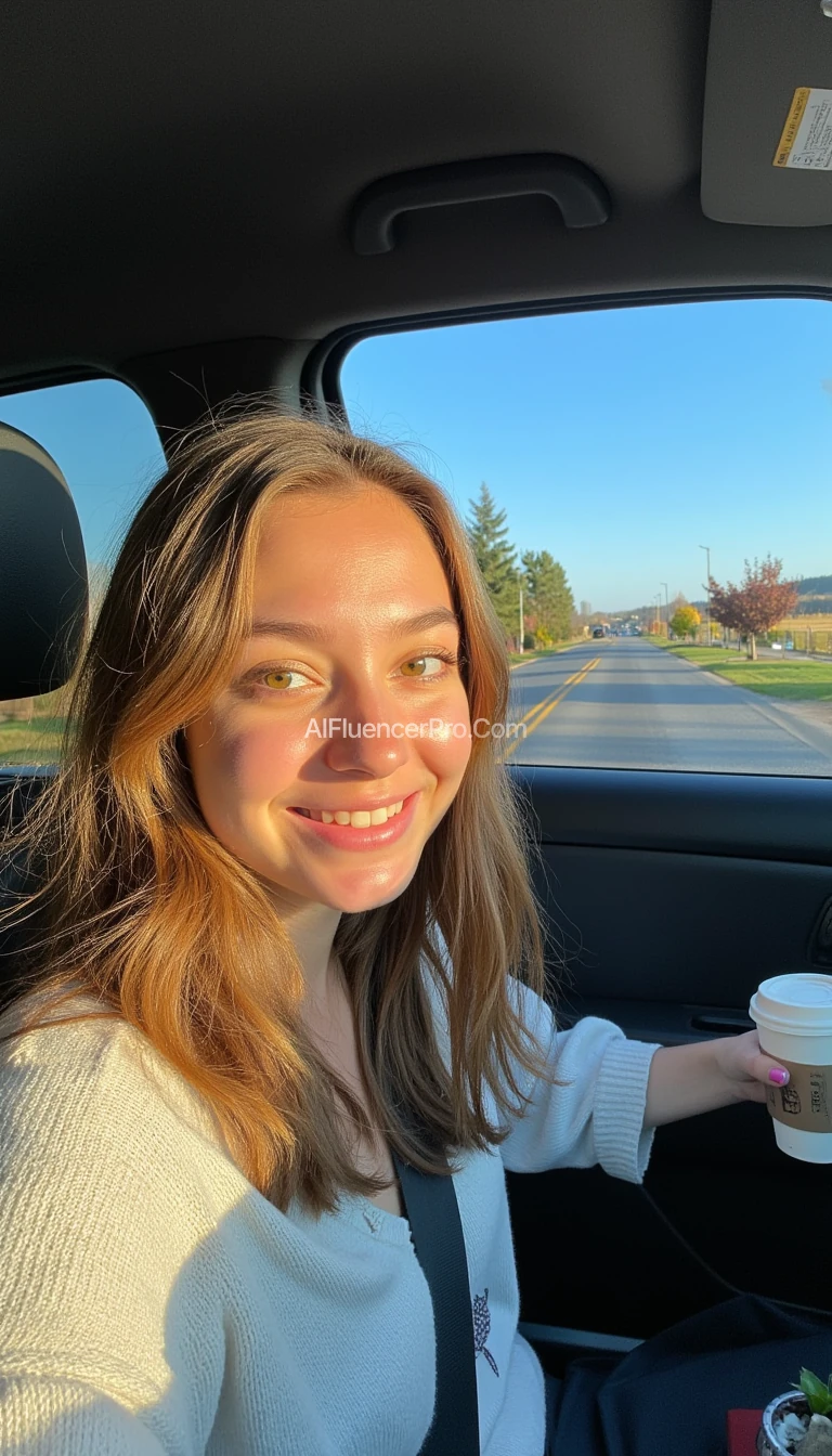 boring low quality snapchat photo circa 2015, A young woman with a warm smile, sitting in the driver's seat of a cozy car. She has soft, wavy brown hair cascading past her shoulders. The sunlight streams through the window, casting a gentle glow on her face. The interior of the car is neat and comfortable, with a coffee cup in the cup holder and a small plant on the dashboard. The background outside the window shows a scenic road lined with trees and blue skies