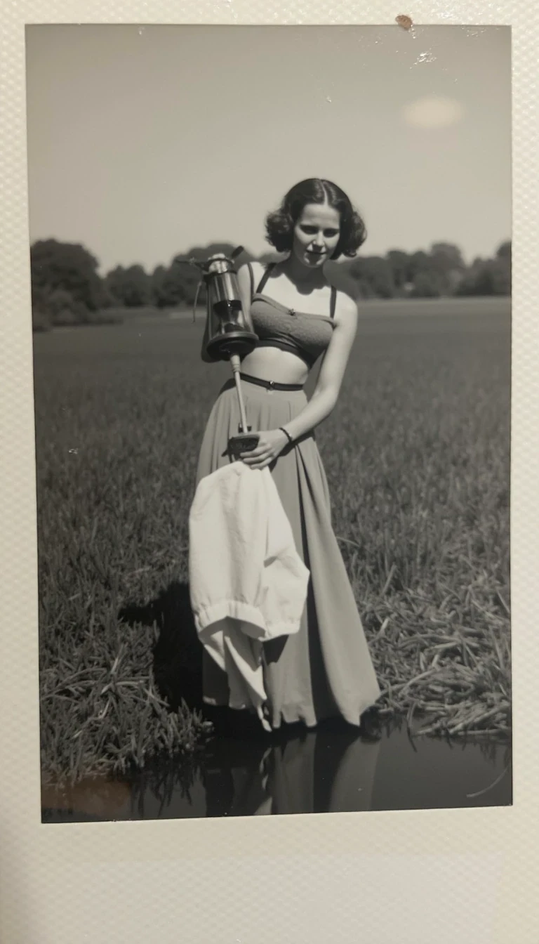 boring low quality snapchat photo circa 2015, black and white polaroid picture of a woman in victorian era. She is wearing victorian era’s dress with opened top showing her bare chest. She is in a water canal doing her laundry.